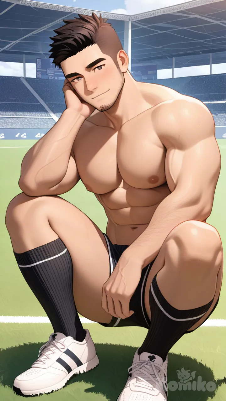 Bara, Naked, full body, male, Muscular man, Front view, muscular male, black socks, Long soccer socks, Soccer field