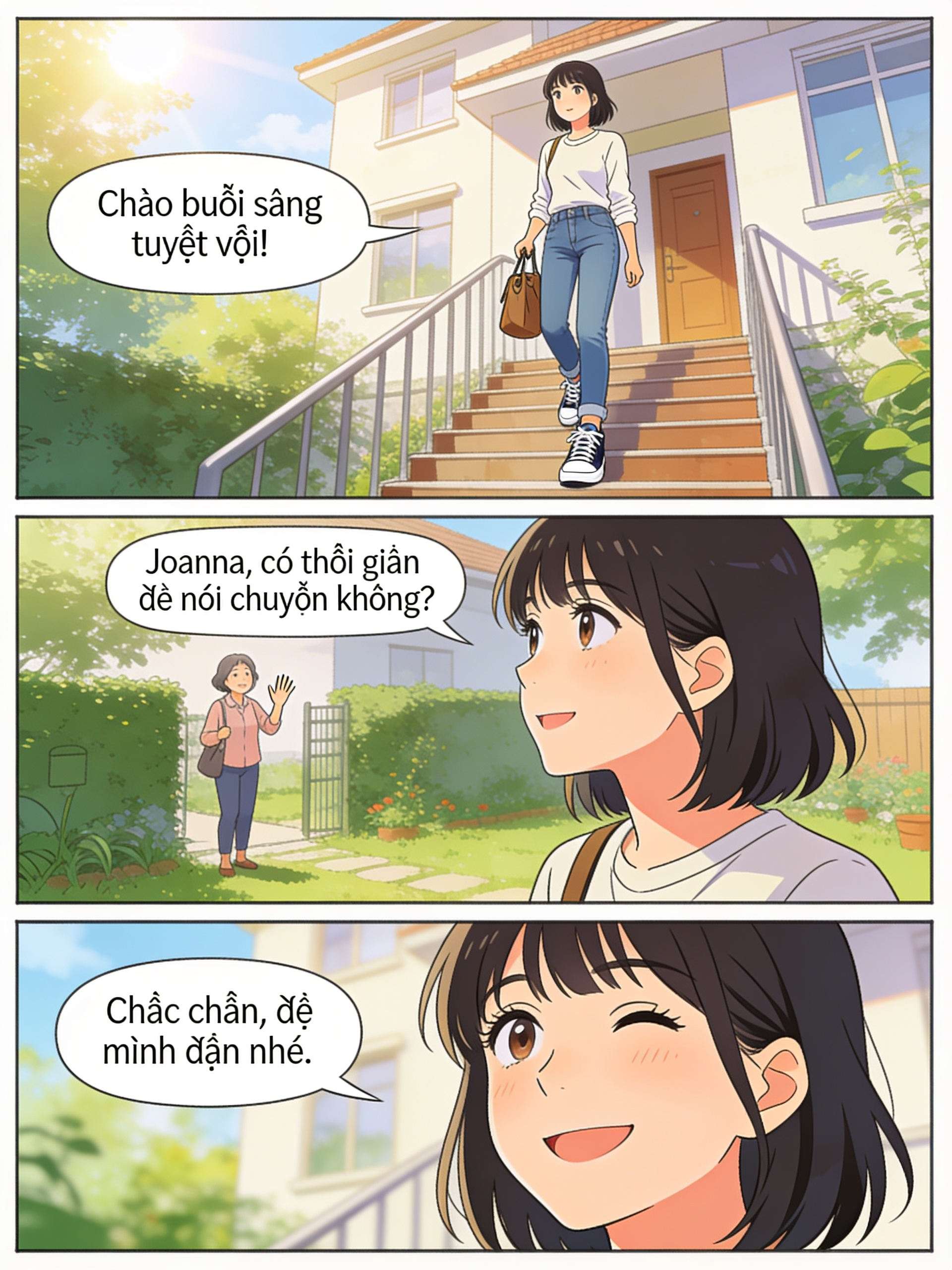 [manhwa-style]Era um sábado típico de verão, com sol brilhando no céu azul. Joanna, uma linda mulher de cabelo até ombro e usa camisa de manga longa que realçava sua elegância natural, combinada com uma calça jeans e sapatilhas delicadas. Sua bolsa pendia suavemente ao lado. Joanna sai de sua casa, desce de degrau e nota o céu azul e lindo.