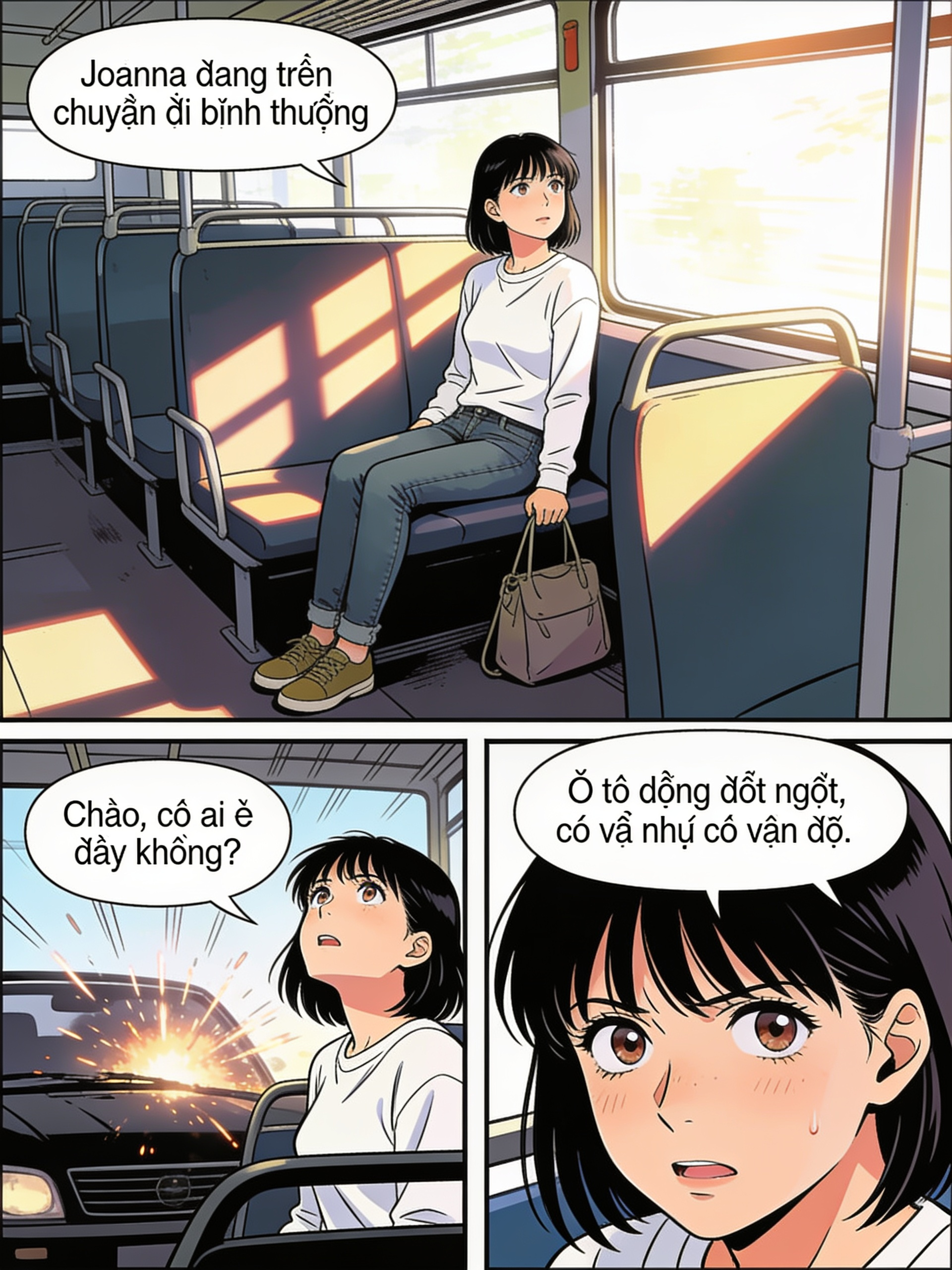 <three-panel-strip>[action-manga-style]Joanna vestida de camisa branca de manga longa que realçava sua elegância natural, que combina com uma calça jeans e sapatos, sua bolsa pendia suavemente ao lado, ela já dentro de ônibus sentada em banco de passageiro.