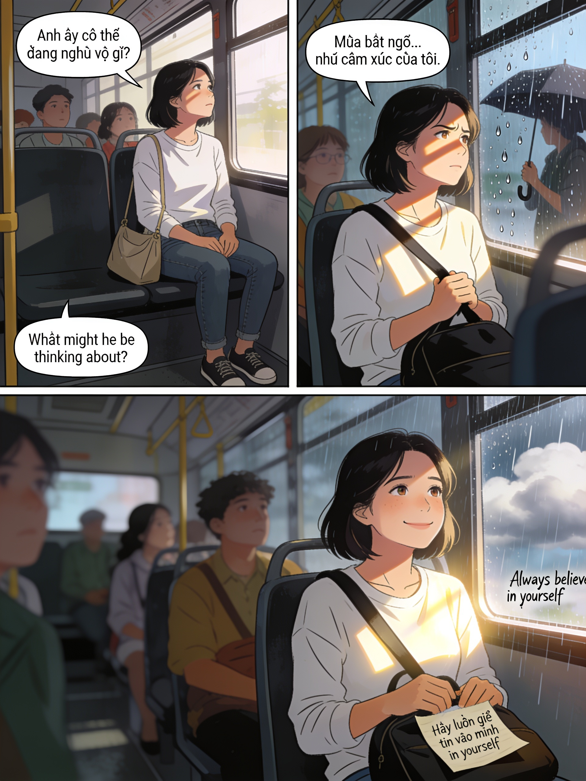 <three-panel-strip>[action-manga-style]Joanna vestia uma camisa branca de manga longa que realçava sua elegância natural, combinada com uma calça jeans e sapatos; sua bolsa pendia suavemente ao lado. Ela sentada em banco de passageiro próximo à janela do ônibus tinha mais pessoas, todos se sentavam em banco de passageiro.