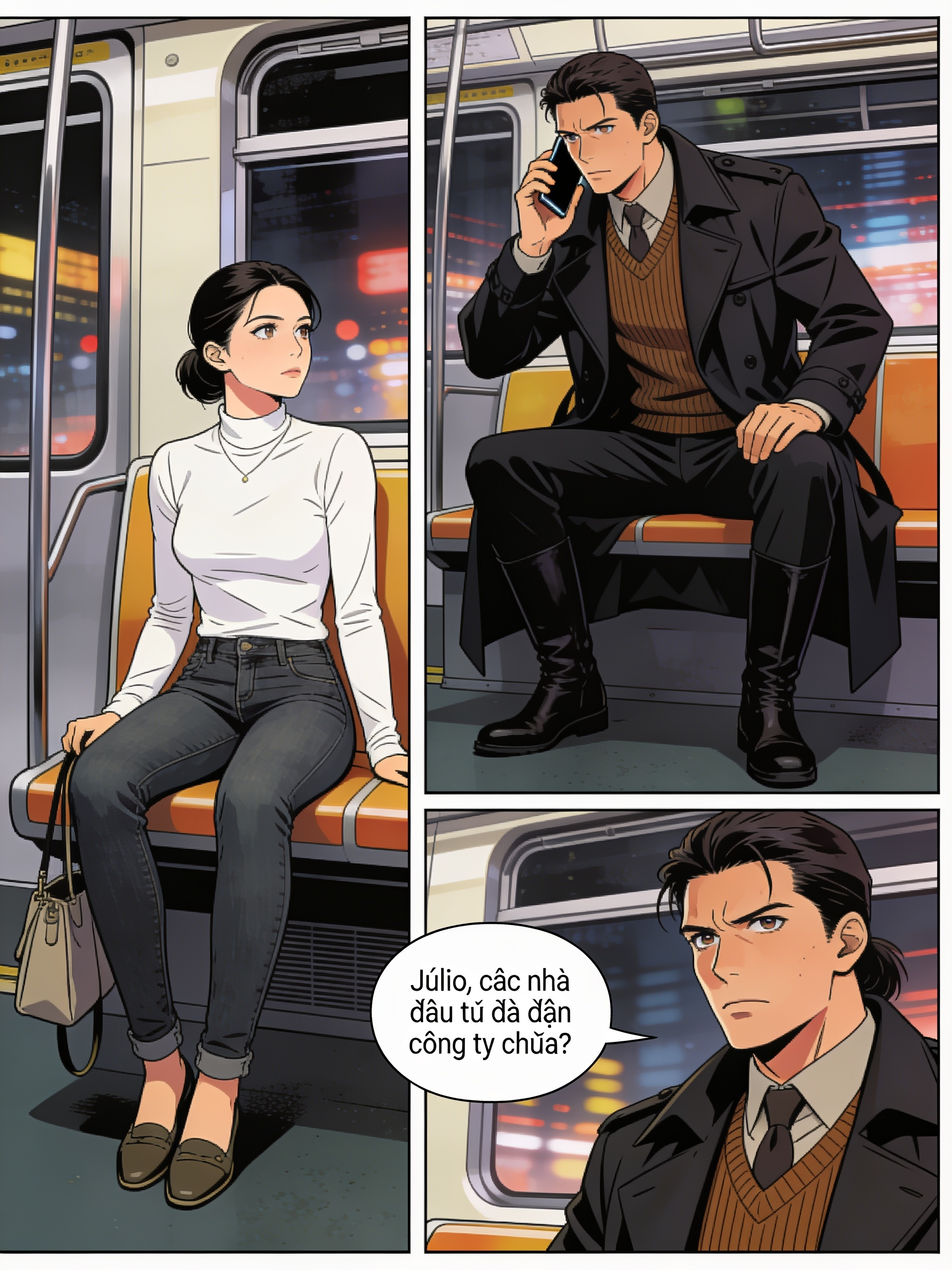 <three-panel-strip>[action-manga-style]Ainda dentro de ônibus, Joanna vestia uma camisa branca longa que realçava sua elegância natural, uma calça jeans e sapatos e sua bolsa pendia suavemente ao lado. Ela sentada em banco de passageiro. Brian, um jovem trajava um trench coat longo e escuro, sobre um suéter marrom e uma camisa bem alinhada, nos pés, uma bota robusta completa o visual sóbrio e executivo. Ele sentado ao lado de Joanna, ambos não se conhece, Brian pega o celular e faz uma ligação; - Júlio, os acionistas já estão na empresa?