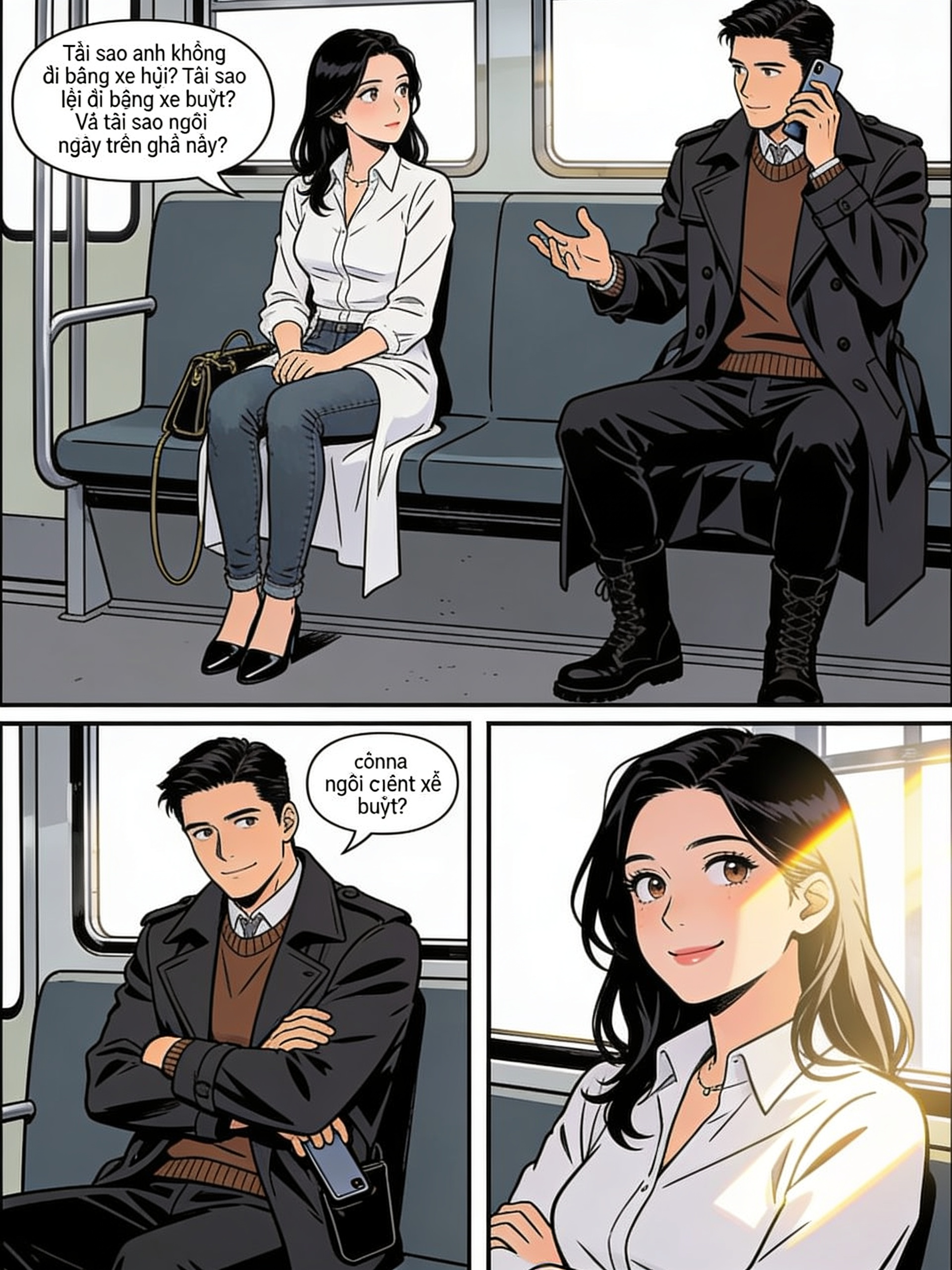 <three-panel-strip>[action-manga-style]Joanna vestida de camisa branca longa que realçava sua elegância, usa calça jeans e sapatos e sua bolsa pendia suavemente ao lado, sentada em banco de passageiro e ônibus, do seu lado está o Brian, um homem trajava um trench coat longo e escuro, sobre um suéter marrom e uma bota robusta completando o visual sóbrio e executivo. Joanna em seus pensamento diz: - porque não anda de carro, porque anda de ônibus? e porque se senta logo nesse banco. Ele ainda ao celular conversando com alguém.
