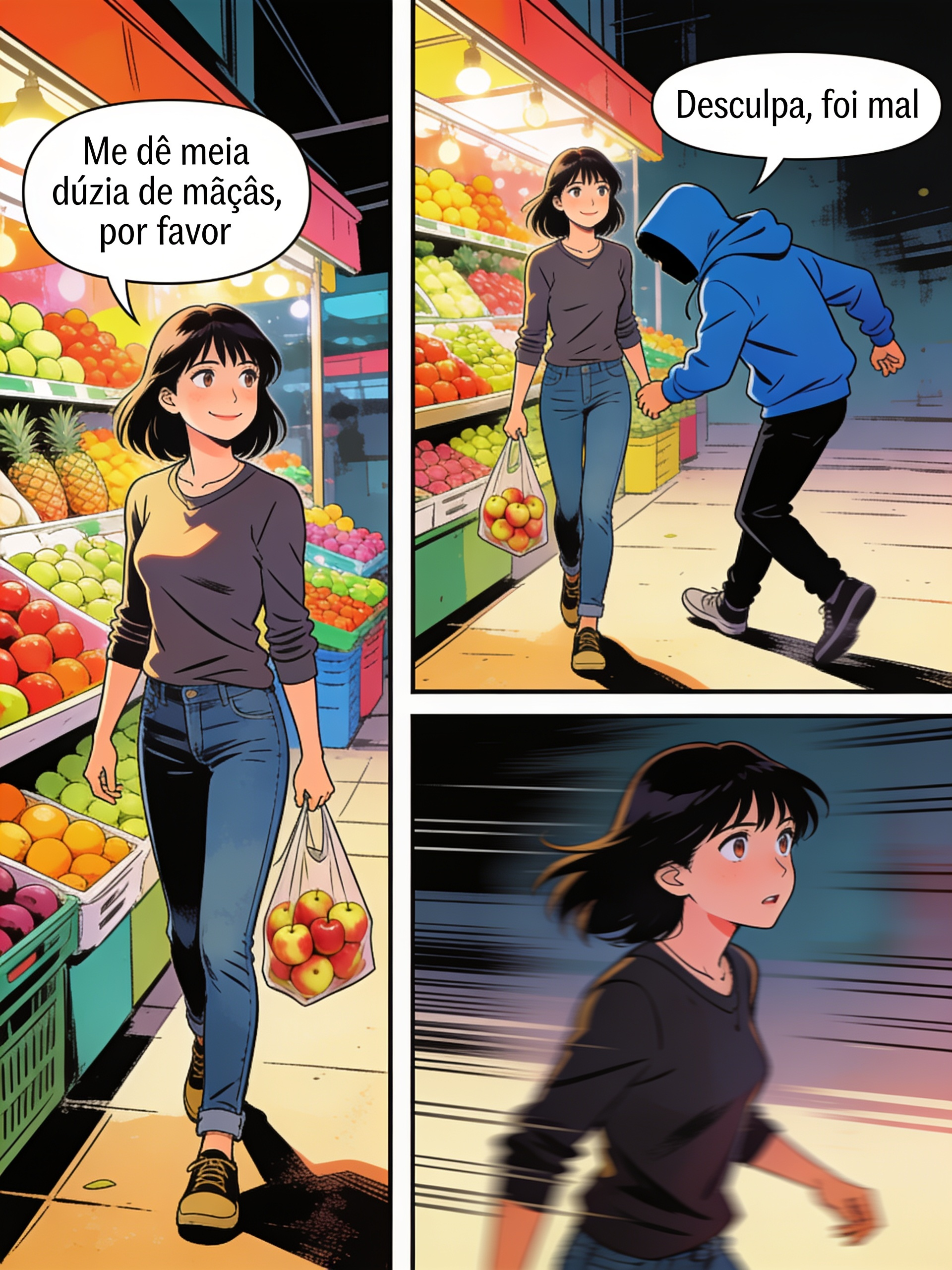 <three-panel-strip>[action-manga-style]Joanna vestia uma camisa de manga longa que realçava sua elegância natural, combinada com uma calça jeans e sapatos, sua bolsa pendia suavemente ao lado, ela já numa banca de frutas e diz: - Me dê meia dúzia de maçãs por favor. O feirante logo atendeu o pedido dela. Logo a seguir, anda um pouco com suas compras e vem um rapaz de jaqueta azul e capuz, não dá para ver o rosto. Ele esbarrou e disse: — Desculpa, foi mal. Nesse instante, o rapaz seguiu seu caminho. Joanna achou estranho o jeito de andar do rapaz, meio rebelde.