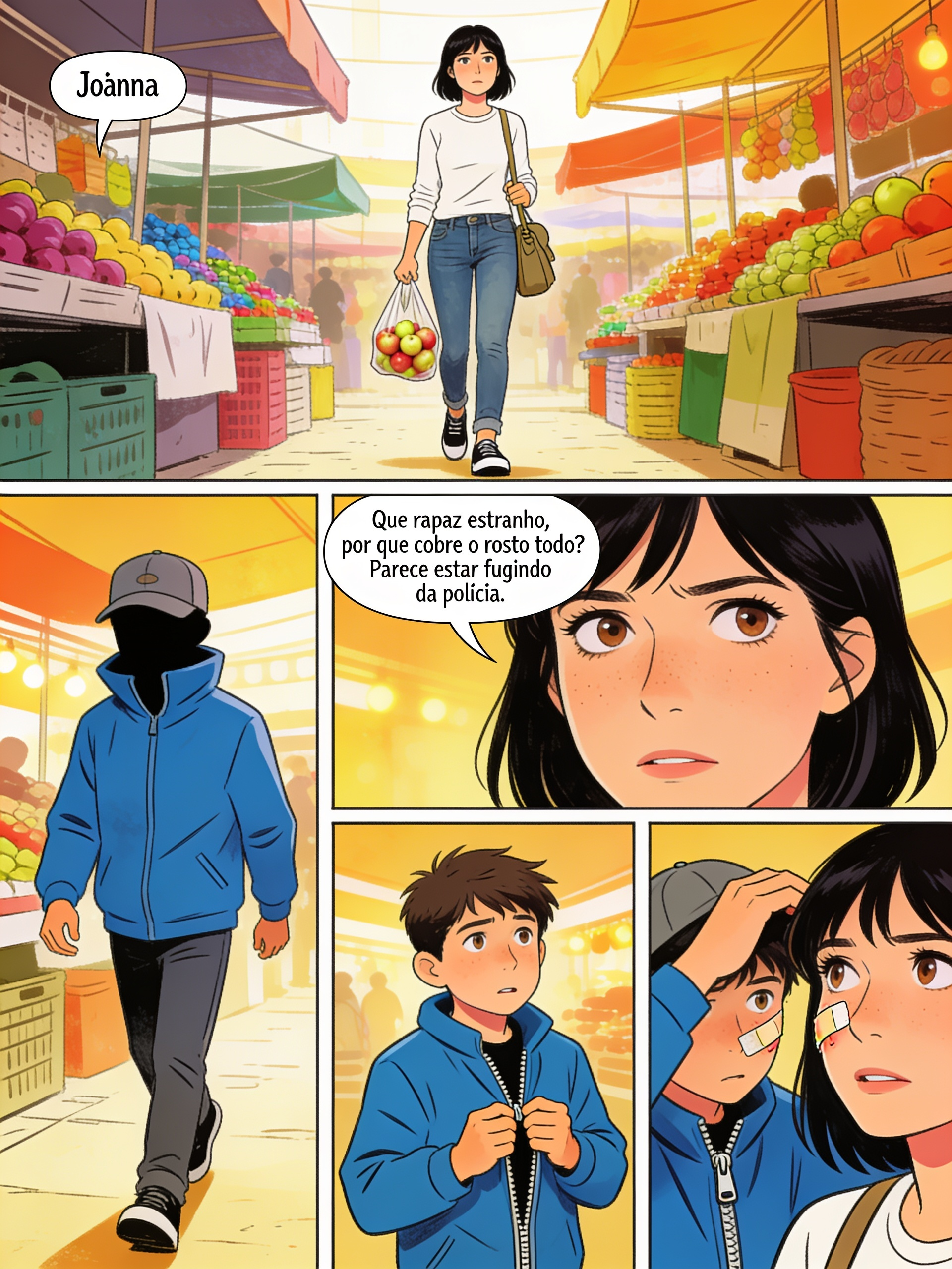 <three-panel-strip>[action-manga-style]Joanna vestia uma camisa branca de manga longa que realçava sua elegância natural, combinada com uma calça jeans e sapatos; sua bolsa pendia suavemente ao lado. O rapaz de jaqueta azul que não deu para ver seu rosto foi caminhando normalmente na feira. Enquanto isso, Joanna, com a sacola de maçãs na mão, disse: — Que rapaz estranho, porque cobre o rosto todo, parece estar fugindo da polícia.