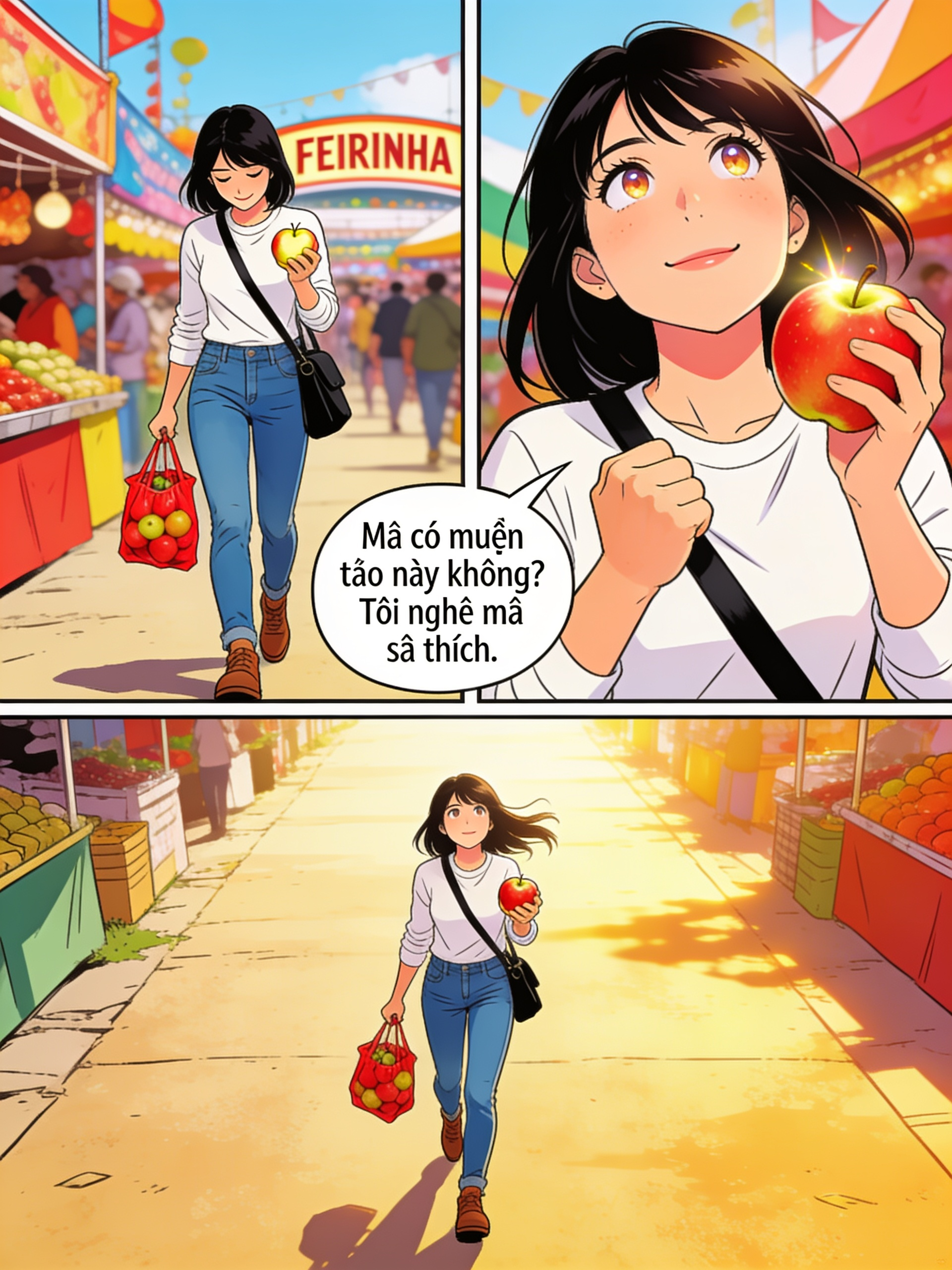 <three-panel-strip>[action-manga-style]Joanna vestia camisa de manga branca de manga longa que realçava sua elegância natural, usava calça jeans e sapatos, sua bolsa pendia suavemente ao lado. Ainda na feirinha, caminha com sua sacola de frutas e uma maçã que está na sua mão e diz: — Será que minha mãe vai querer essa maçã? Acho que vai gostar. Logo caminha mais pra frente.