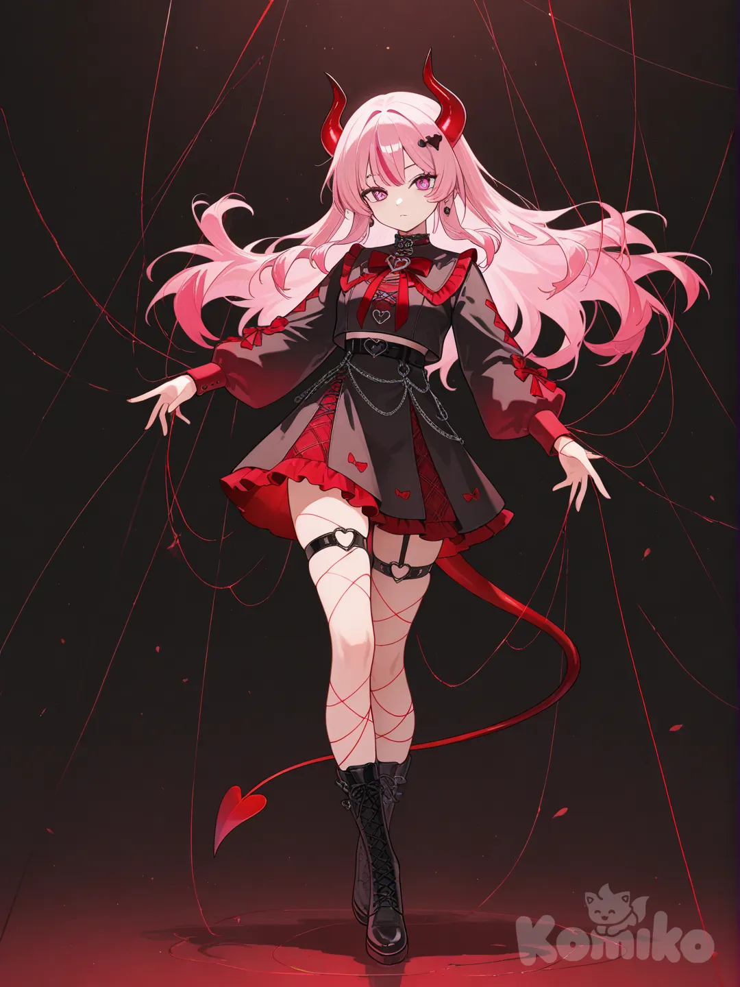 девушка с розовыми волосами, красными рожками демоническим хвостом, стоящая в позе марионетки с красными нитями, идущими от ее рук и ног.