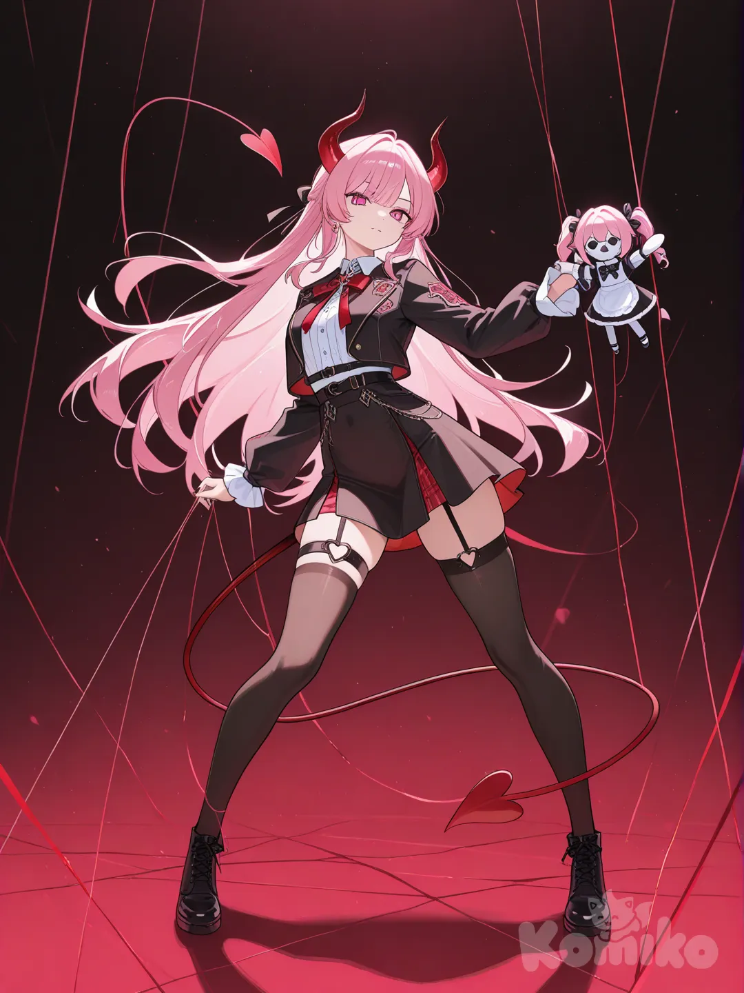 девушка с розовыми волосами, красными рожками демоническим хвостом, стоящая в позе марионетки с красными нитями, идущими от ее рук и ног.