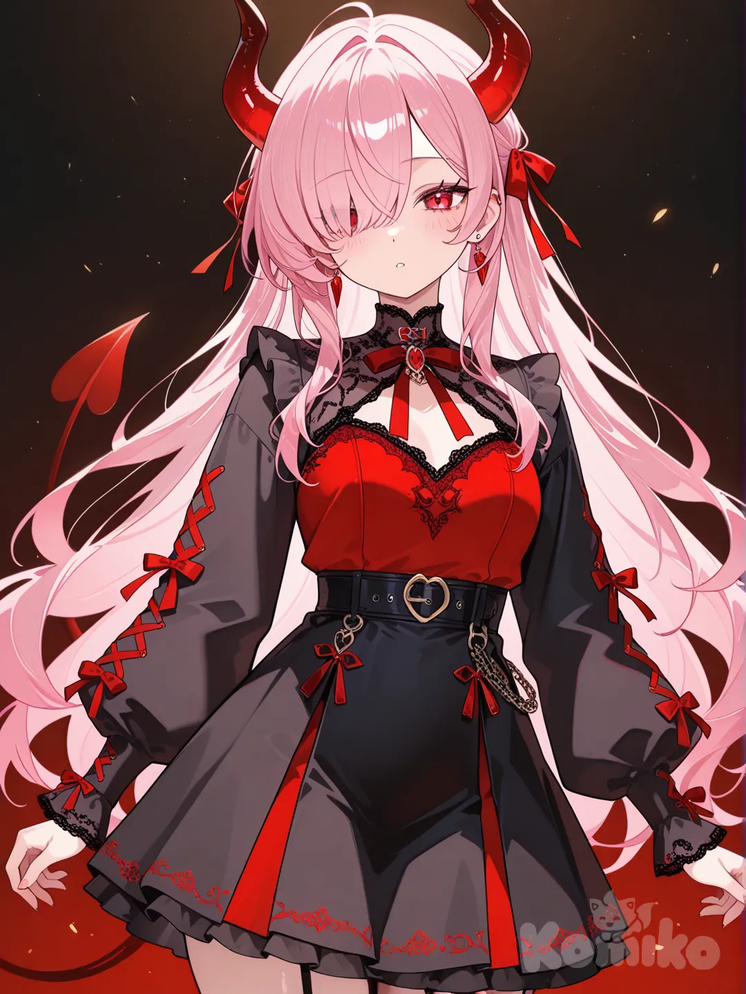 девушка с длинными розовыми волосами, красными рогами, красными глазами и одеждой в красно-черных тонах, с демоническими хвостиком