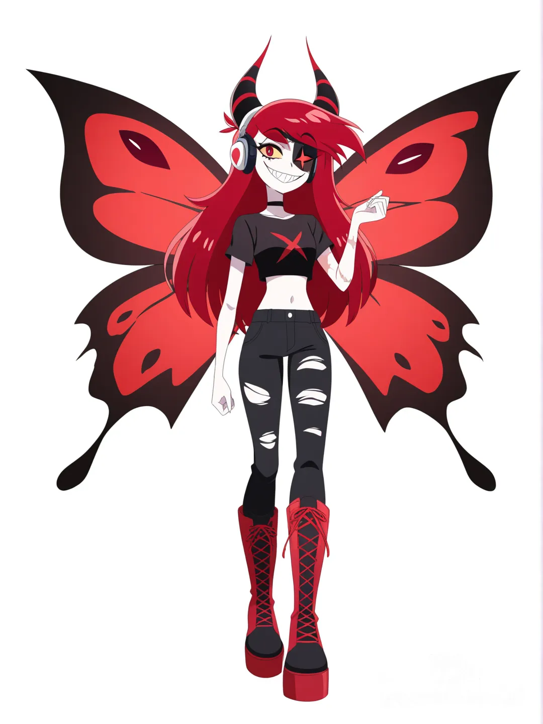 [pop-anime-style] 1girl, demon, hazbin hotel style, teenager, tall, slim, 4 arms, long hair, black hair, red hair streak, red eyes, scar, smiling mask, x eye (one), slit pupil (other eye), tattoo, pale skin, black crop top, black ripped pants, black platform boots, red shoe laces, choker, headphones, giant red butterfly wings, single character, full body, looking at viewer, simple background, white background
