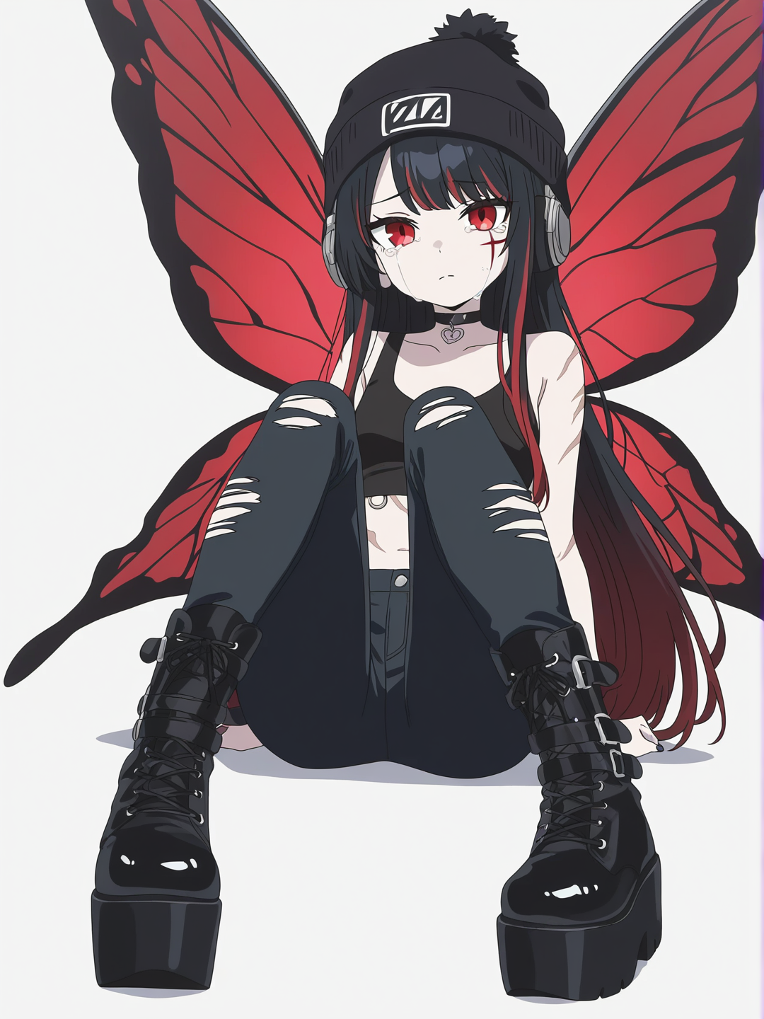 [bright-anime-style] 1girl, demon, teenager, slim, tall, long hair, black hair, red highlights, red eyes, scar, tattoos, pale skin, choker, beanie, headphones, black crop top, ripped black pants, big black platform boots, red and black butterfly wings, sitting, on floor, crying, single character, full body, looking at viewer, anime style, simple background, white background