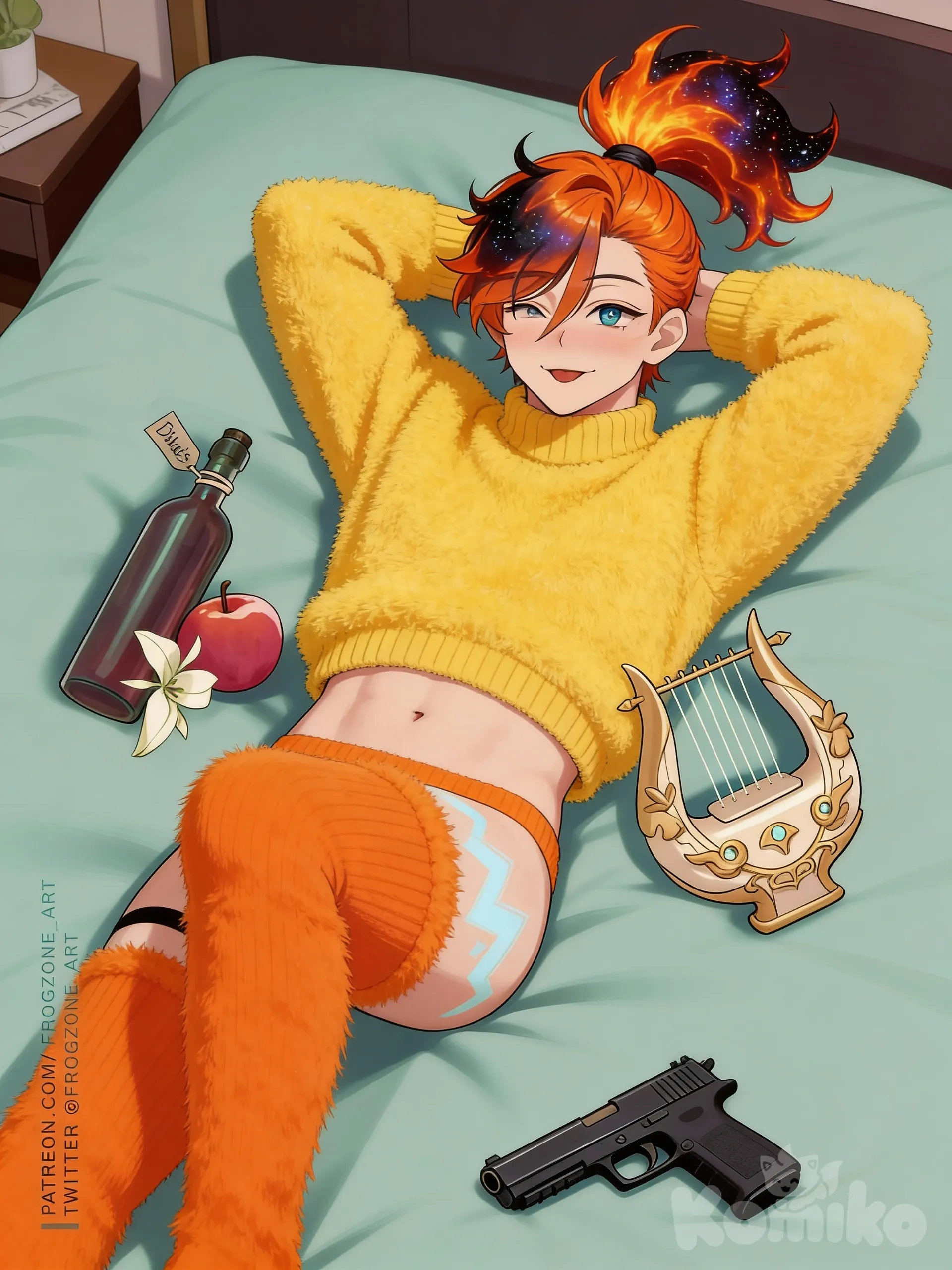 orange and black nebula fire hair in a high ponytail, yellow fluffy sweater that stops above his stomach, orange fluffy thigh high socks, glock on the bed
