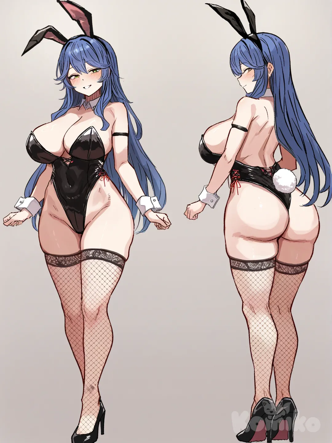 1girl, yellow eyes, blue hair, full body, bunny outfit, big hair, big tits, big ass , [hentai-style]