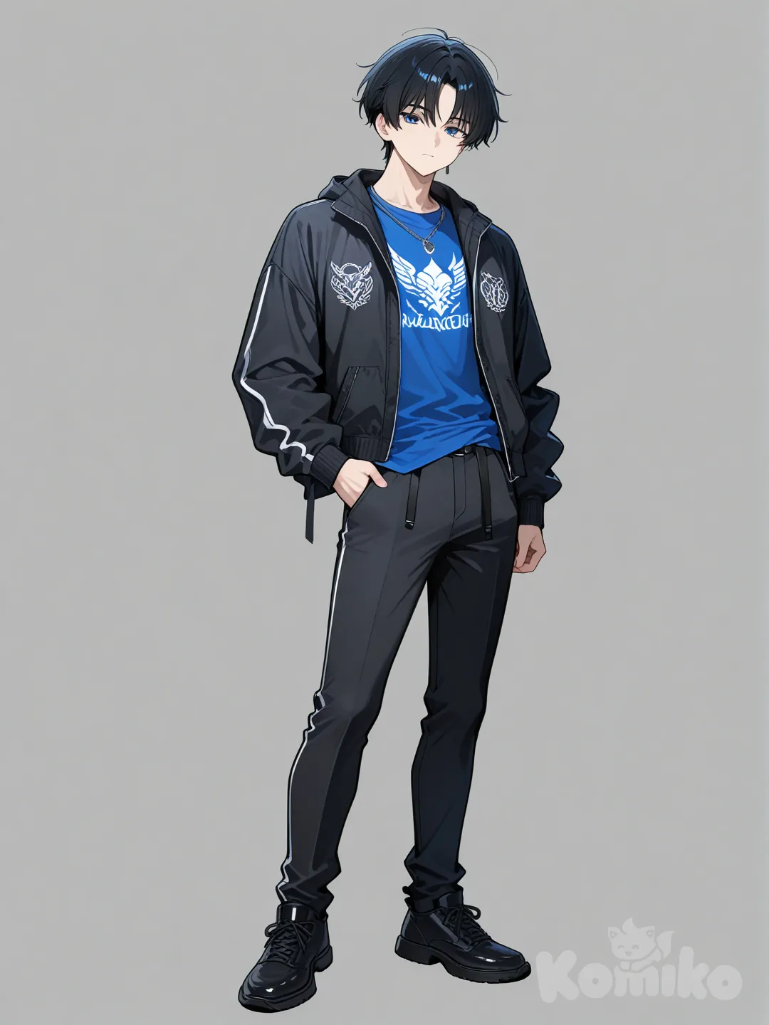 1boy, black hair, blue eyes, black jacket, blue shirt, black pants