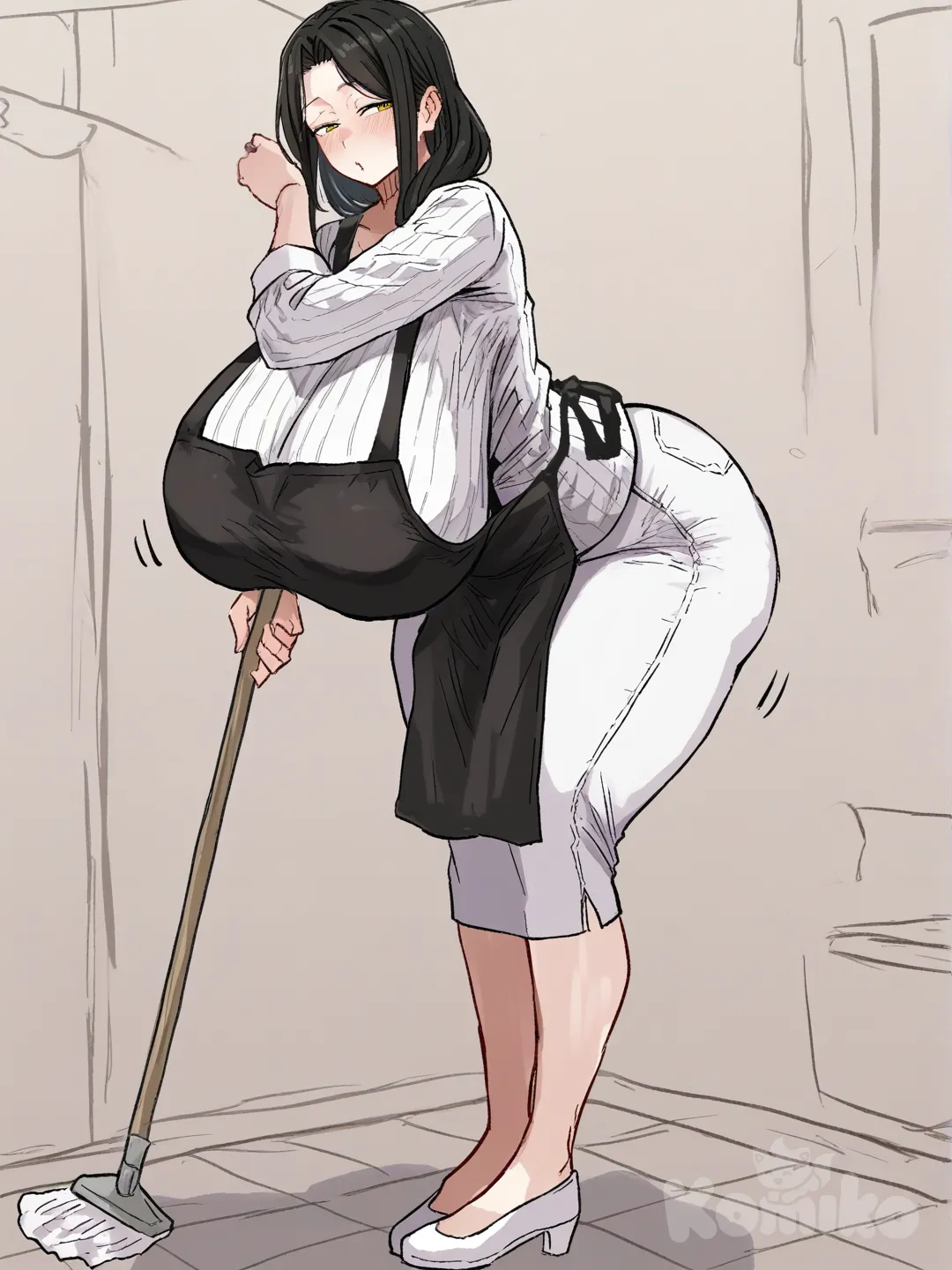 As una milf con tetas enormes gigantes y un culo gigantesco, pelo negro, ojos amarillos y que este limpiando y que su ropa le esté apretando por sus grandes tetas y su enorme culo, full body, [hentai-style]