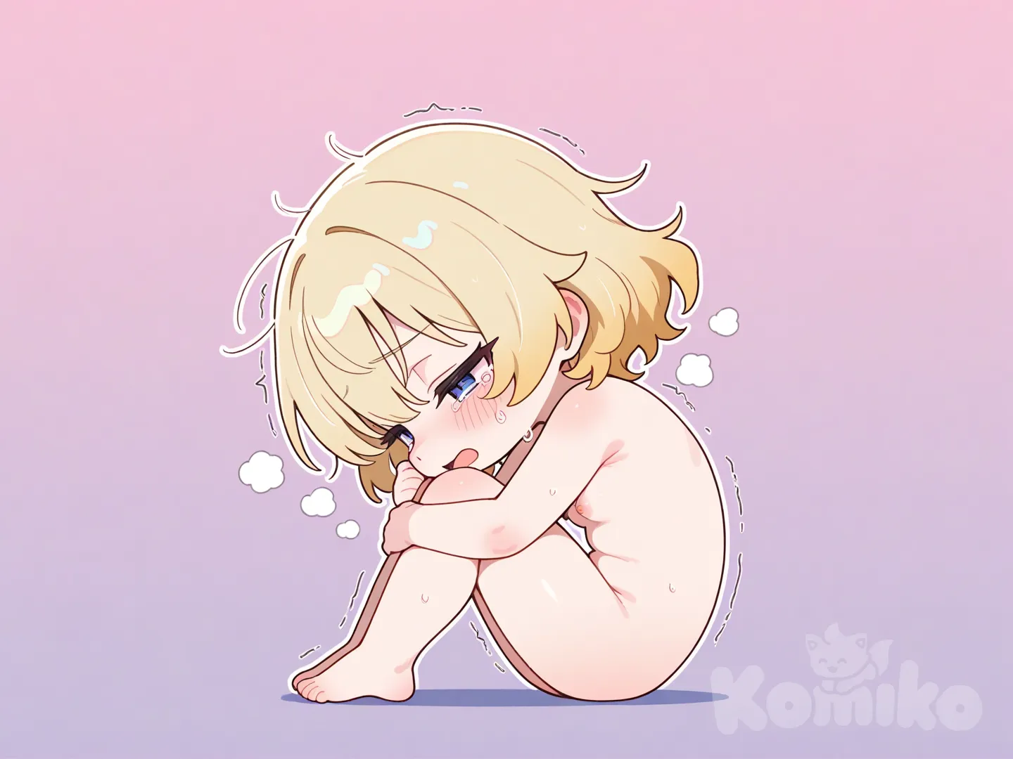 18, 这是一幅Q版风格的2D插画，绘制时增强笔触，使线条富有表现力和粗犷感。角色有着金色短发，全身光着。角色呈蜷缩姿态，侧脸贴地，双眼半睁，流露疲惫或慵懒之感，大口喘息，带着眼泪，双手撑地。整体通过简洁的线条和明快的色彩，凸显Q版角色头大身小的可爱特征，生动展现出角色的状态。