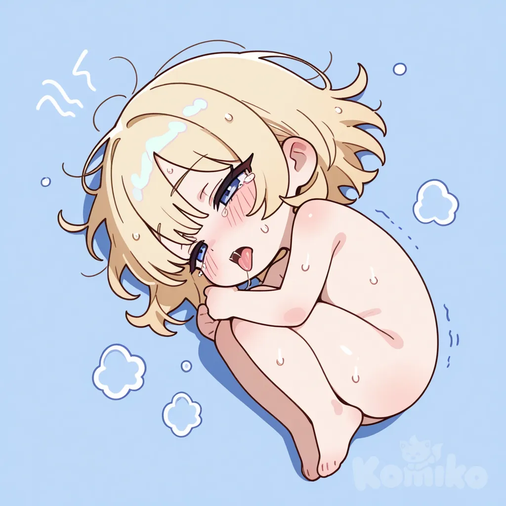 18, 这是一幅Q版风格的2D插画,绘制时增强笔触,使线条富有表现力和粗犷感。角色有着金色短发,全身光着。角色呈蜷缩姿态,侧脸贴地,双眼半睁,流露疲惫或慵懒之感,大口喘息,带着眼泪,双手撑地。整体通过简洁的线条和明快的色彩,凸显Q版角色头大身小的可爱特征,生动展现出角色的状态。