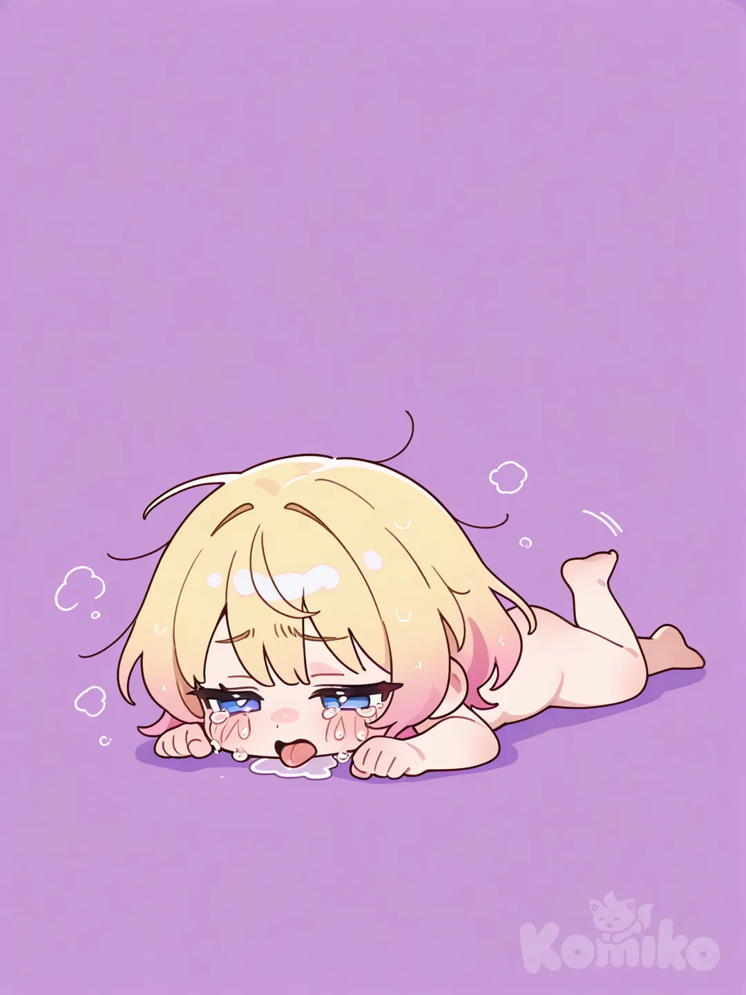 18, 这是一幅Q版风格的2D插画，绘制时增强笔触，使线条富有表现力和粗犷感。角色有着金色短发，全身光着。角色呈蜷缩姿态，侧脸贴地，双眼半睁，流露疲惫或慵懒之感，大口喘息，带着眼泪，双手撑地。整体通过简洁的线条和明快的色彩，凸显Q版角色头大身小的可爱特征，生动展现出角色的状态。