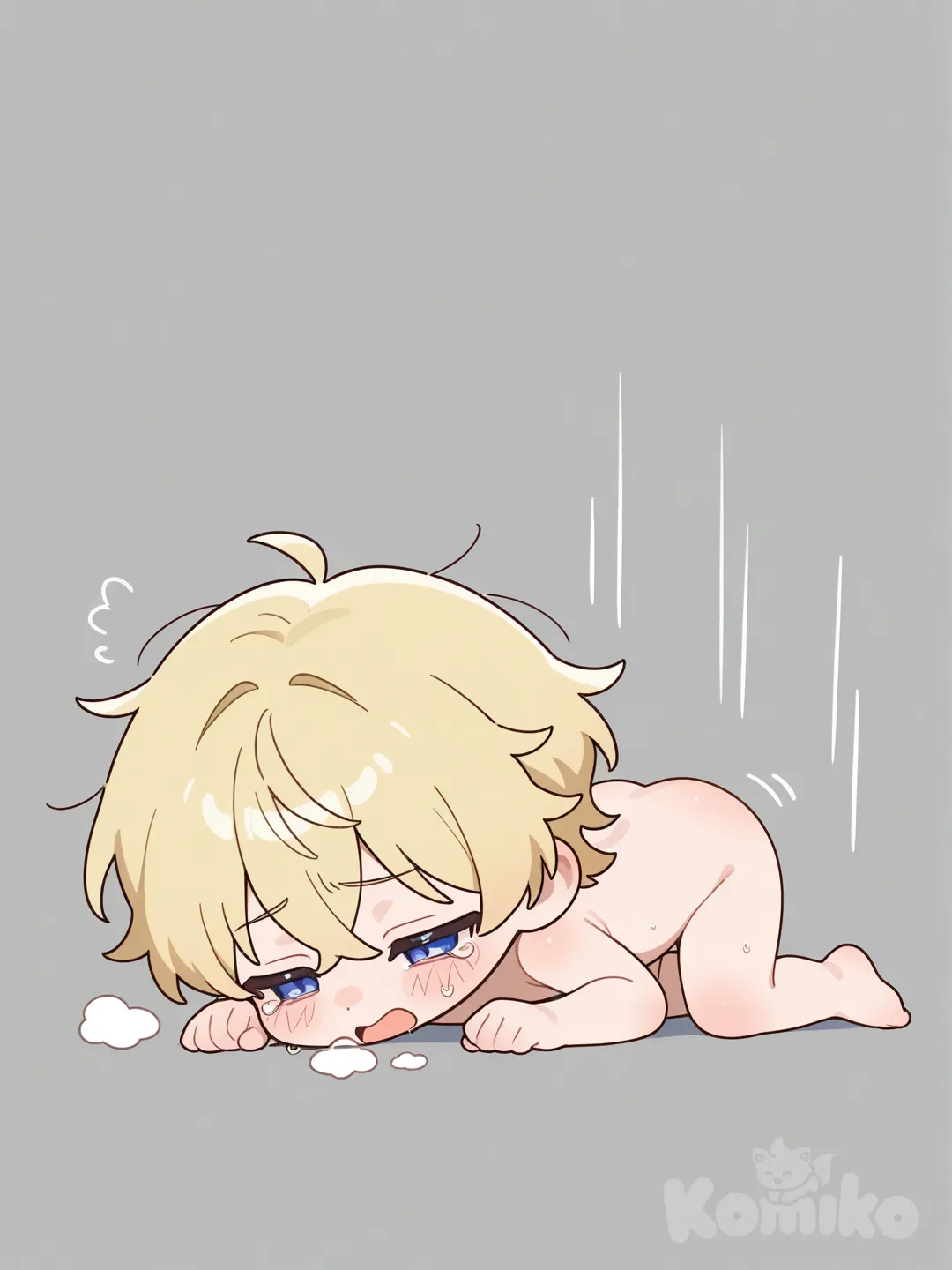 18, 这是一幅Q版风格的2D插画，绘制时增强笔触，使线条富有表现力和粗犷感。角色有着金色短发，全身光着。角色呈蜷缩姿态，侧脸贴地，双眼半睁，流露疲惫或慵懒之感，大口喘息，带着眼泪，双手撑地。整体通过简洁的线条和明快的色彩，凸显Q版角色头大身小的可爱特征，生动展现出角色的状态。