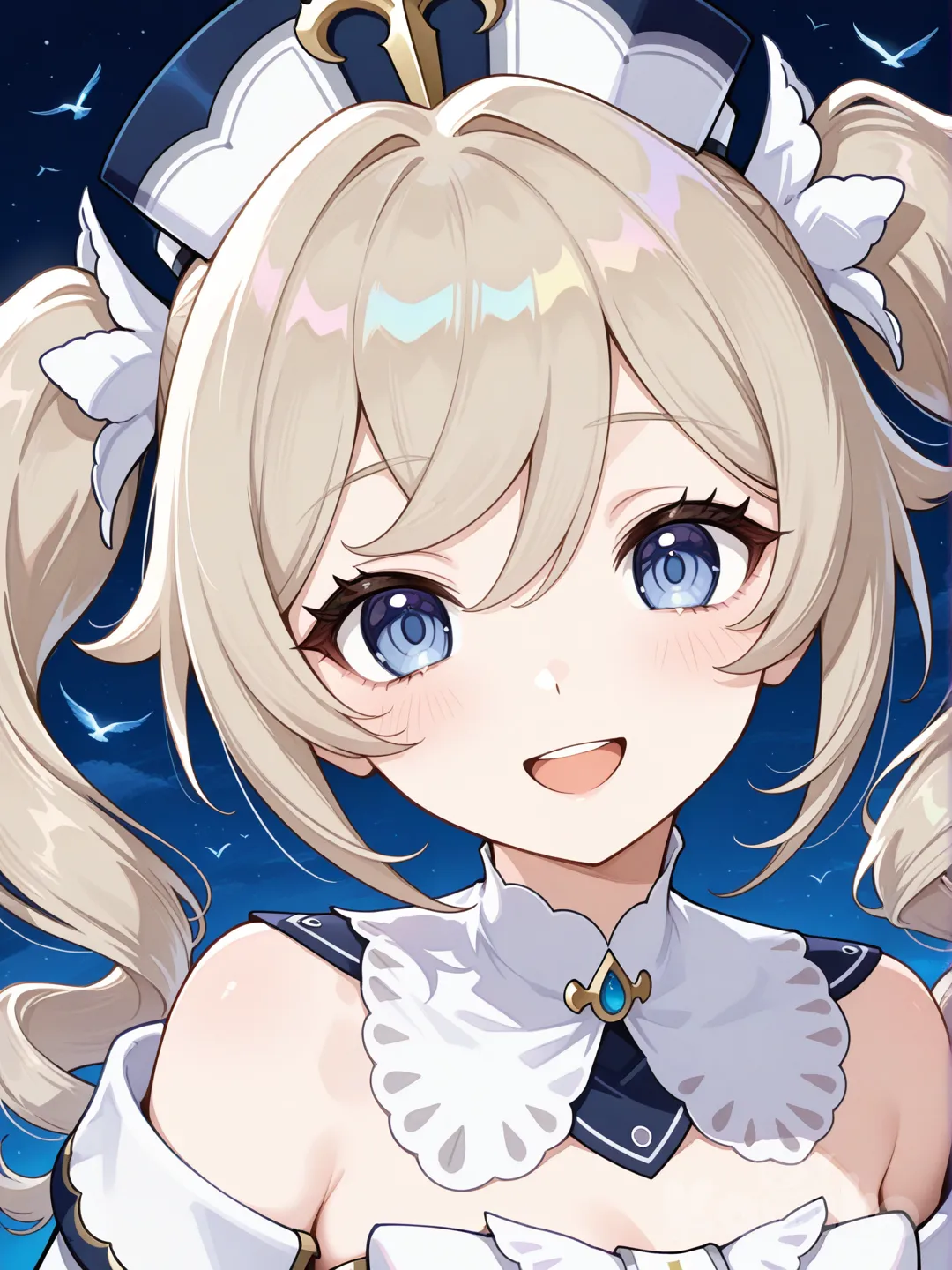 anime girl, cute expression, vibrant colors, anime art, Barbara_(Genshin_Impact), bird's-eye view, headshot, night, blue sky