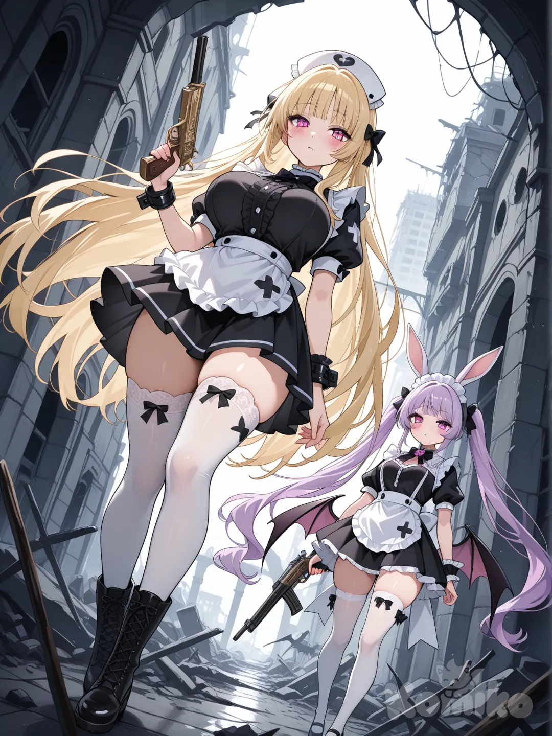 @lila-hopper-wPJN, @pillow-zPXB, 2girls, holding gun, headshot, backlight, ruins