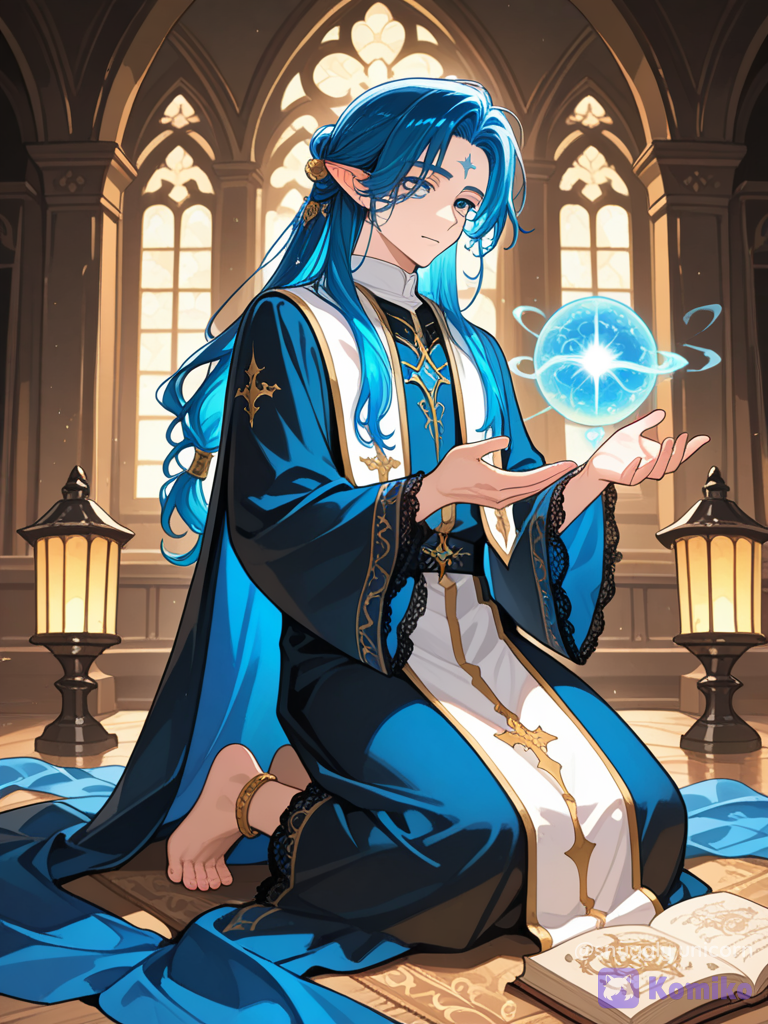 [glossy-anime-style], 1boy, @Harry Potter, harry in tensura, kneeling, floating, witch outfit, elven outfit, priest robe, silk, lace, hair accessory, magic orb, anklet, blue hair, tousled hair, barefoot, full body, closeup, day, lantern festival