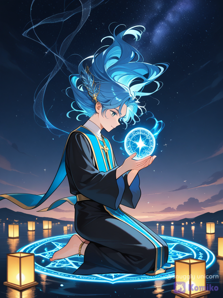 [glossy-anime-style], 1boy, @Harry Potter, harry in tensura, kneeling, floating, witch outfit, elven outfit, priest robe, silk, lace, hair accessory, magic orb, anklet, blue hair, tousled hair, barefoot, full body, closeup, day, lantern festival