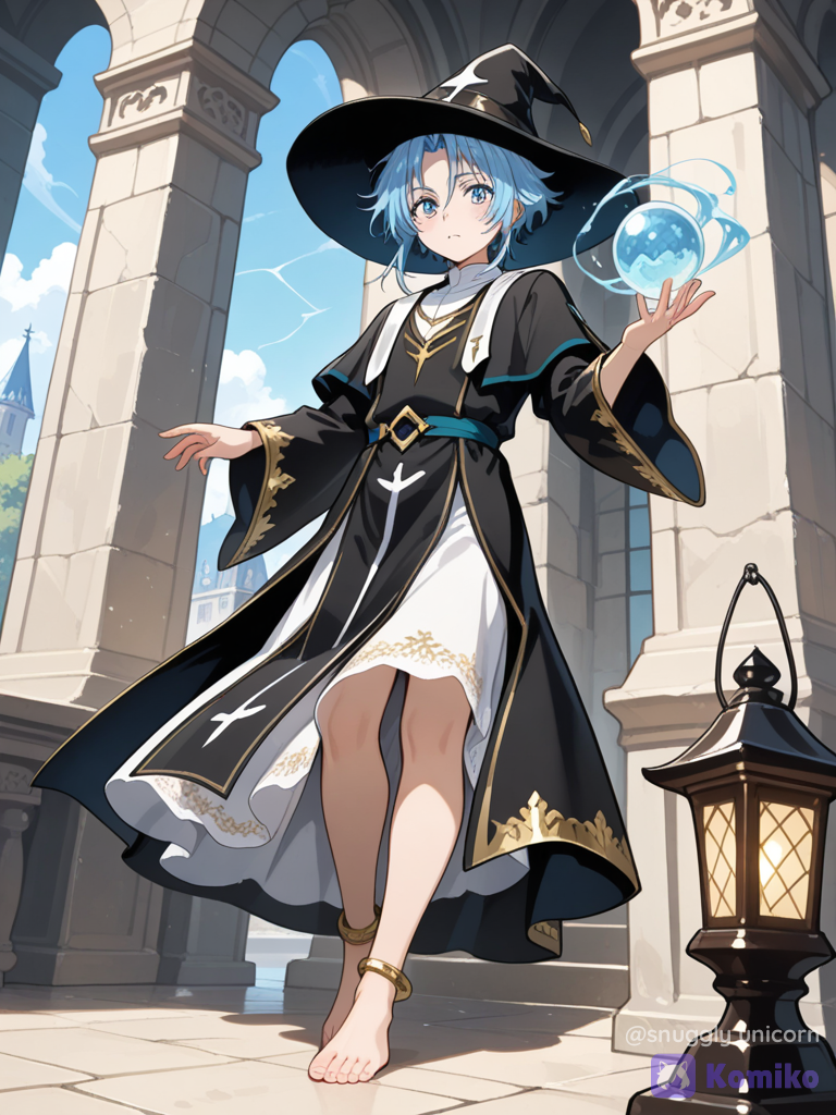 [glossy-anime-style], 1boy, @Harry Potter, harry in tensura, floating, witch outfit, elven outfit, priest robe, silk, lace, hair accessory, magic orb, anklet, blue hair, tousled hair, barefoot, full body, closeup, day, lantern festival