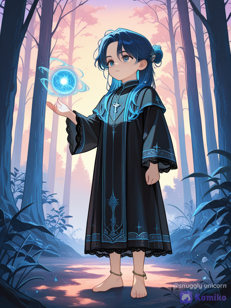 [glossy-anime-style], 1boy, harry potter in tensura as a child, floating, witch outfit, elven outfit, priest robe, silk, lace, hair accessory, magic orb, anklet, blue hair, tousled hair, barefoot, full body, closeup, twilight, forest