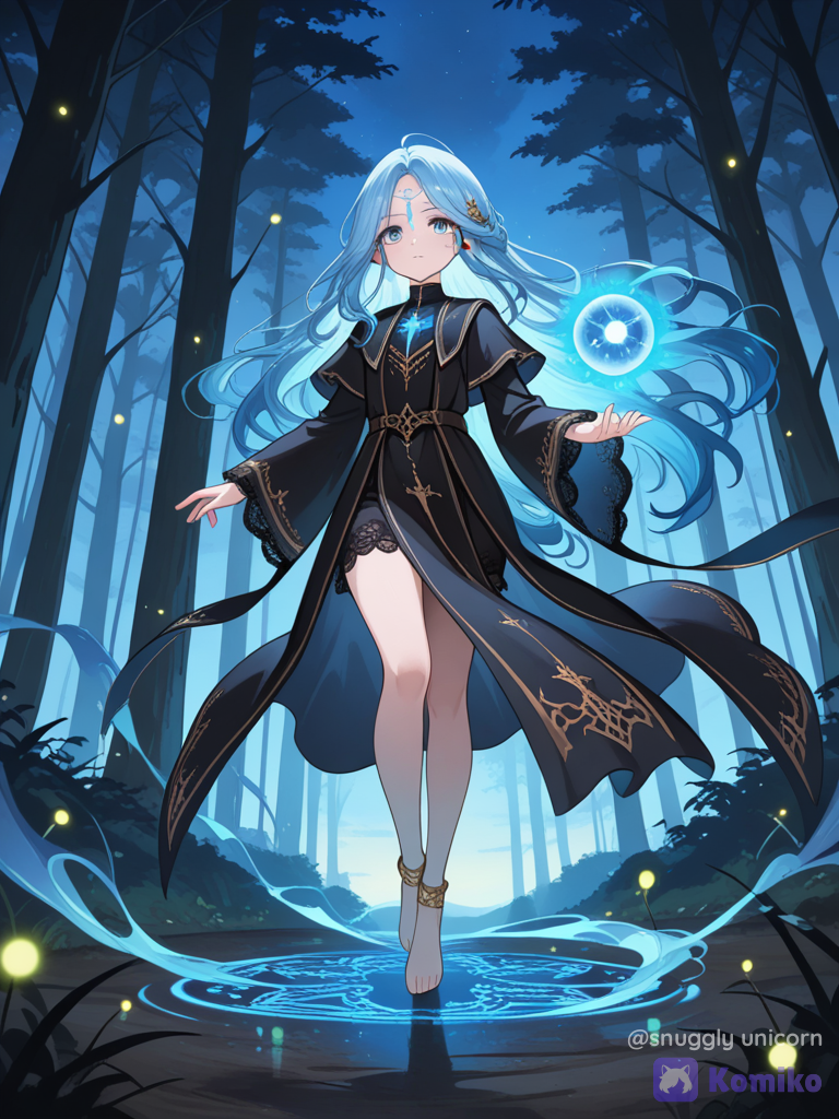 [glossy-anime-style], 1boy, harry potter in tensura as a child, floating, witch outfit, elven outfit, priest robe, silk, lace, hair accessory, magic orb, anklet, blue hair, tousled hair, barefoot, full body, closeup, twilight, forest