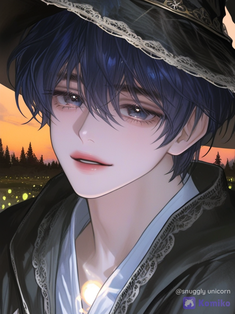 [semi-realistic-portrait-style], 1boy, harry potter in tensura as a child, floating, witch outfit, elven outfit, priest robe, silk, lace, hair accessory, magic orb, anklet, blue hair, tousled hair, barefoot, full body, closeup, twilight, forest