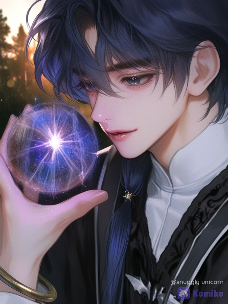 [semi-realistic-portrait-style], 1boy, harry potter in tensura as a child, floating, witch outfit, elven outfit, priest robe, silk, lace, hair accessory, magic orb, anklet, blue hair, tousled hair, barefoot, full body, closeup, twilight, forest