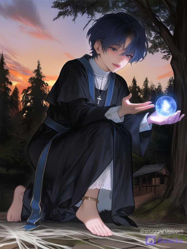 [semi-realistic-portrait-style], 1boy, harry potter in tensura as a child, floating, witch outfit, elven outfit, priest robe, silk, lace, hair accessory, magic orb, anklet, blue hair, tousled hair, barefoot, full body, closeup, twilight, forest