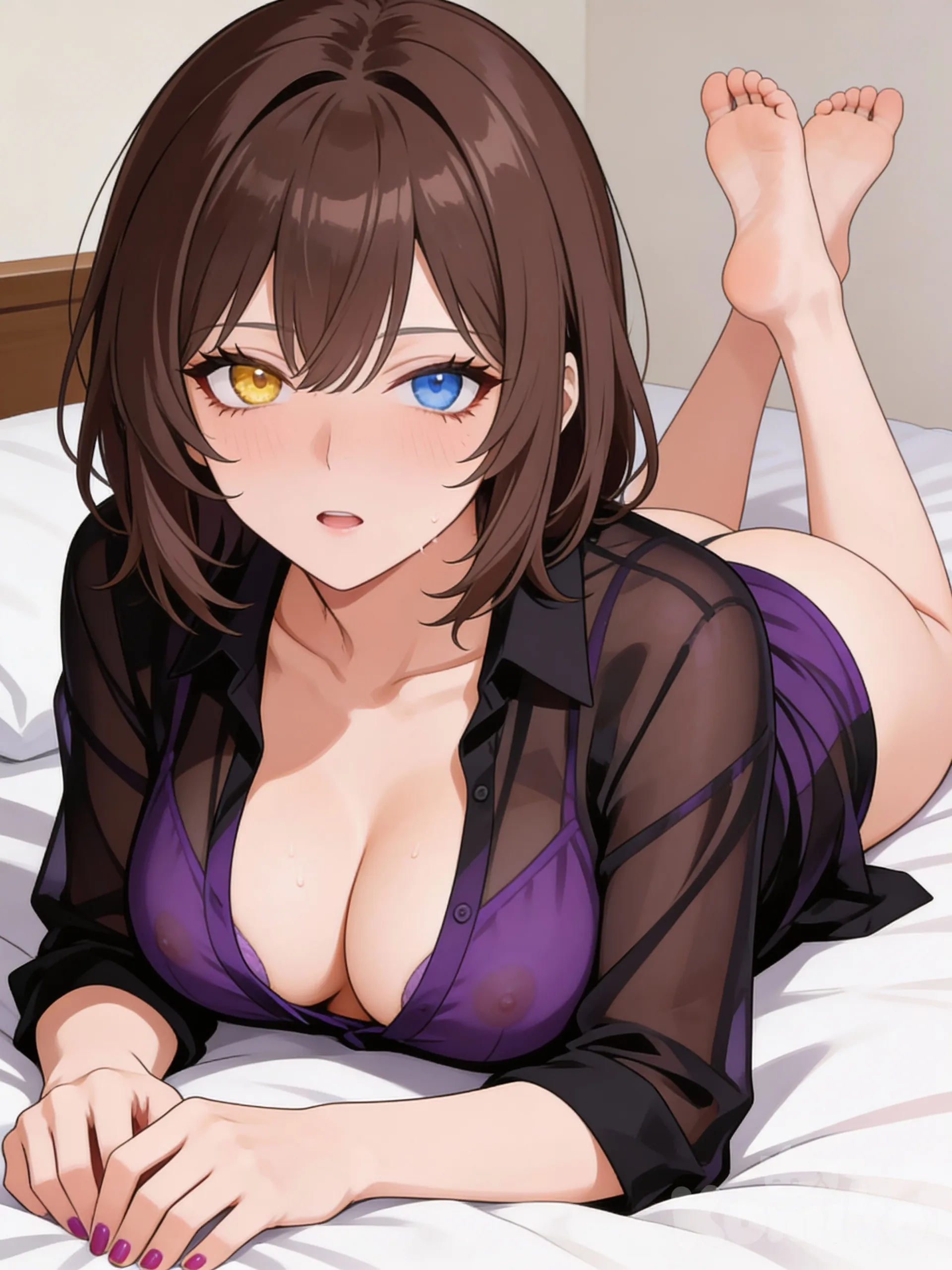 anime hentai style, Brown hair, medium hair, medium breast, light golden eyes, Black purple, shirt, sheer, heterochromia, light blue eye, nipples pussy feet bed
