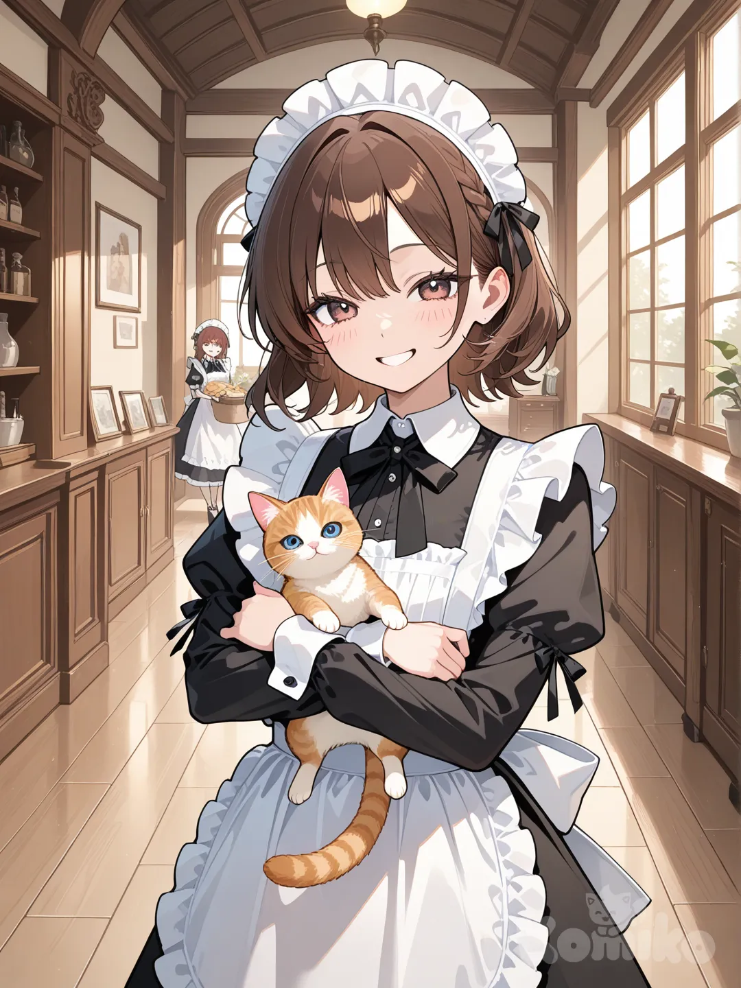 Small cat with brunnete women with maid uniform