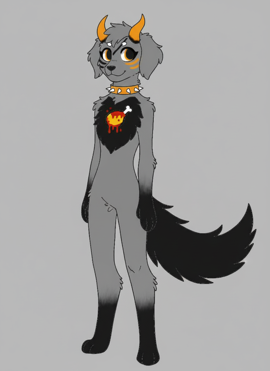 *Make furry art, cute drawn, furry, change it to him standing up, slim body, tall, retriever, cute, Furry art oc, Make it into a Golden retriever dog shape make him 18, fursona, light grey fur, black hand and feet paws, all black retriever tail, black fluff on chest with orange chicken logo on it with red sauce, two orange devil horns, black dog nose, black and orange diagonal war stripe face paint