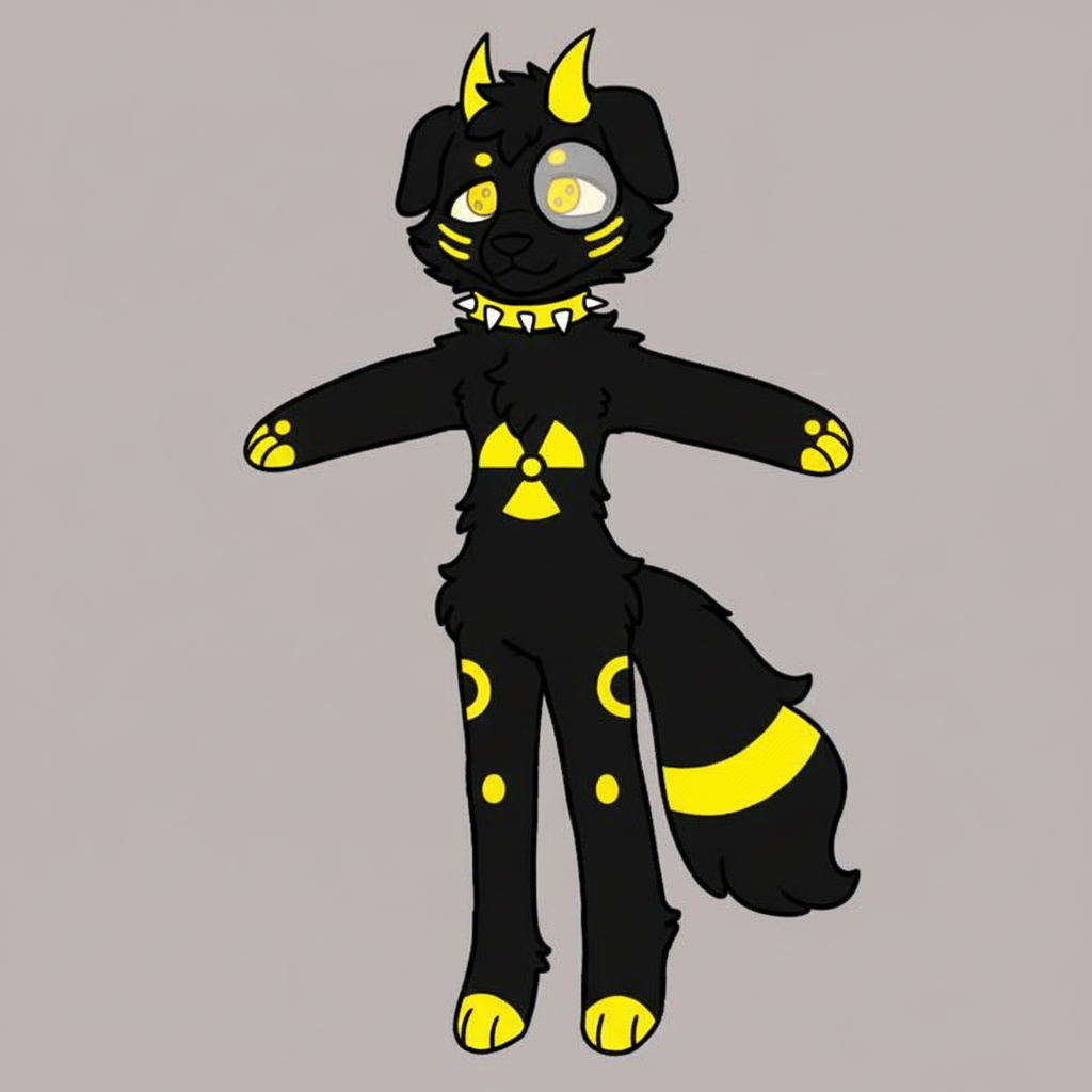 Make it a furry, retriever, black fur, yellow eyes, two yellow devil horns, grey circle outside of left eye, two yellow stripes on each cheek, black fur, 1 yellow circle mark on each arm and legs, and a yellow stripe on black fluffy tail, yellow paw pads, yellow radioactive logo on chest, yellow spiked collar, black dog nose, black hand and feet paws, make him cute, adorable, he has a slim body, he's tall, make him drawn but more slim body shape