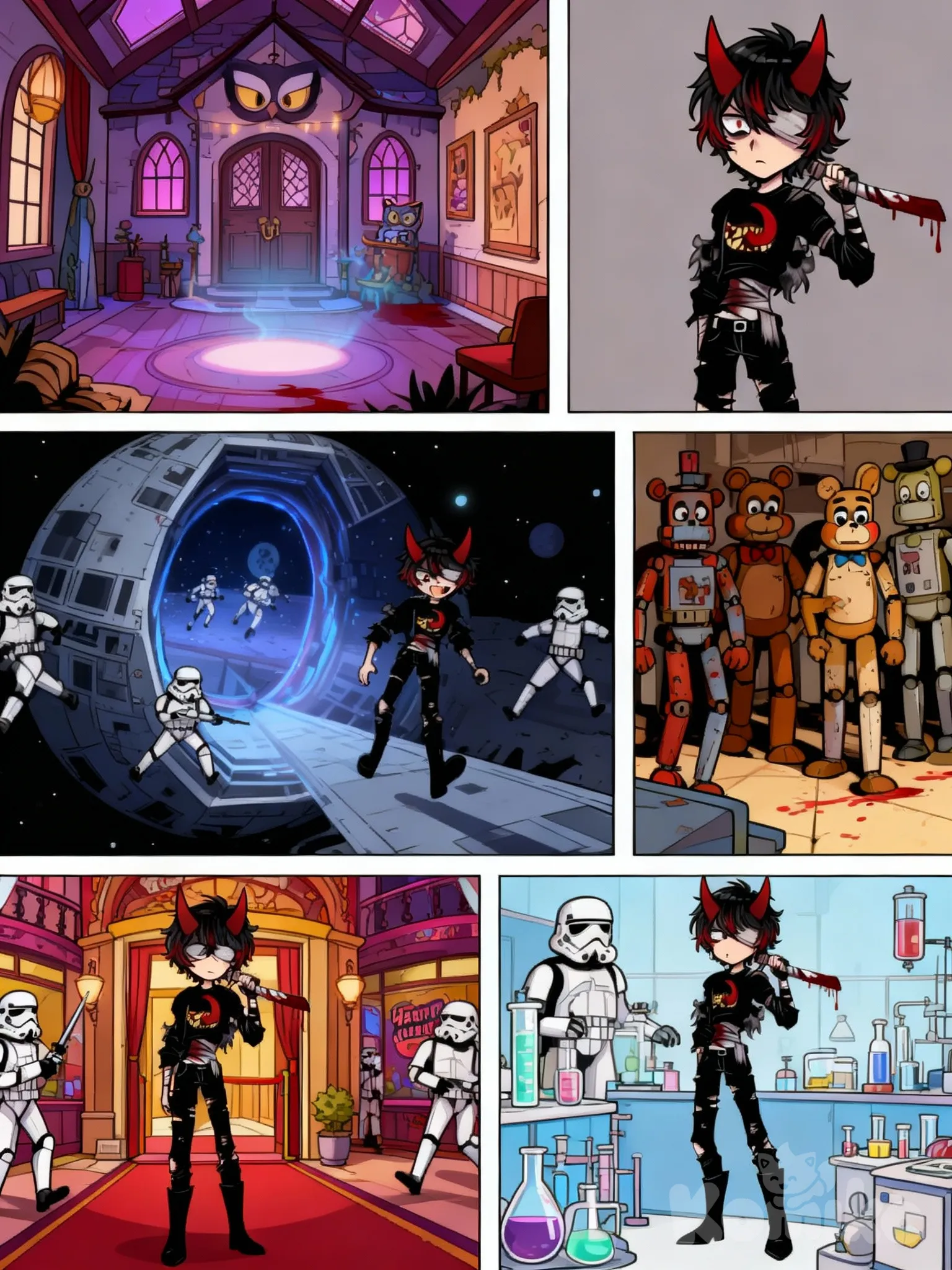 Make it a 5 panel comic strip, 1st panel shows him being teleported throughout worlds, He first gets teleported to The Owl House, he looks around all confused. 2nd panel shows him being sucked into another portal and this time gets sucked into Five Nights At Freddys. Again, he is all confused. 3rd panel shows him being sucked into another portal as he lands on the Death star from Star wars, as Storm trooper's run about. 4th panel shows him being sucked into Hazbin Hotel and he gets teleported out. 5th panel shows him being sucked back home into a lab.