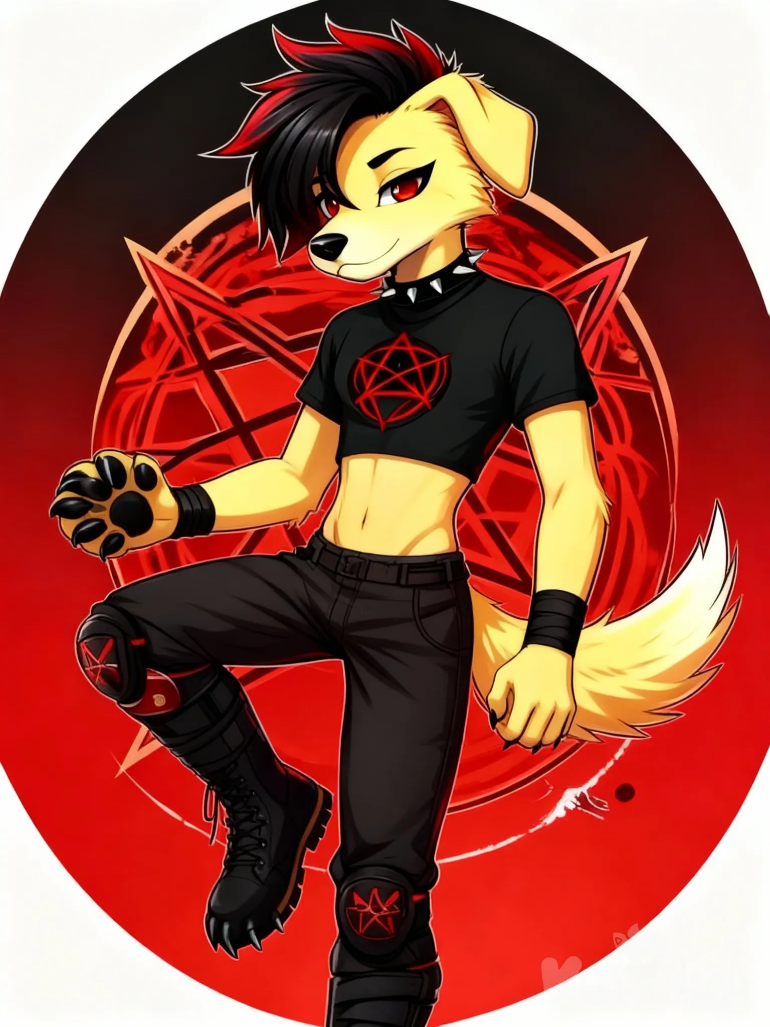 Make cute drawn Furry Anthropomorphic Golden Retriever, He has two red eyes black male hair with red dye, black dog nose, black t-shirt with a red pentagram logo, black wrist tape, black spiked collar, black claws and paw pads, black pants, black knee pads with red pentagram logo on each, black long combat boots, short pointy tail, down Golden Retriever dog ears. Make him drawn, cute, cute art style, furry drawn, full body, make him drawn oc, he is 18, slim body, black eye shaddow, male