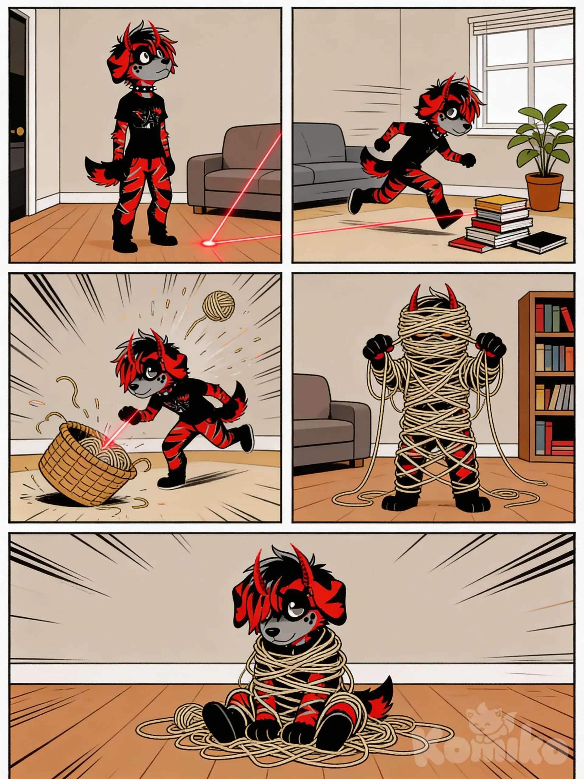 Can you make this Character into a 5-panel cartoon furry comic strip, where he gets into wacky hijinx.