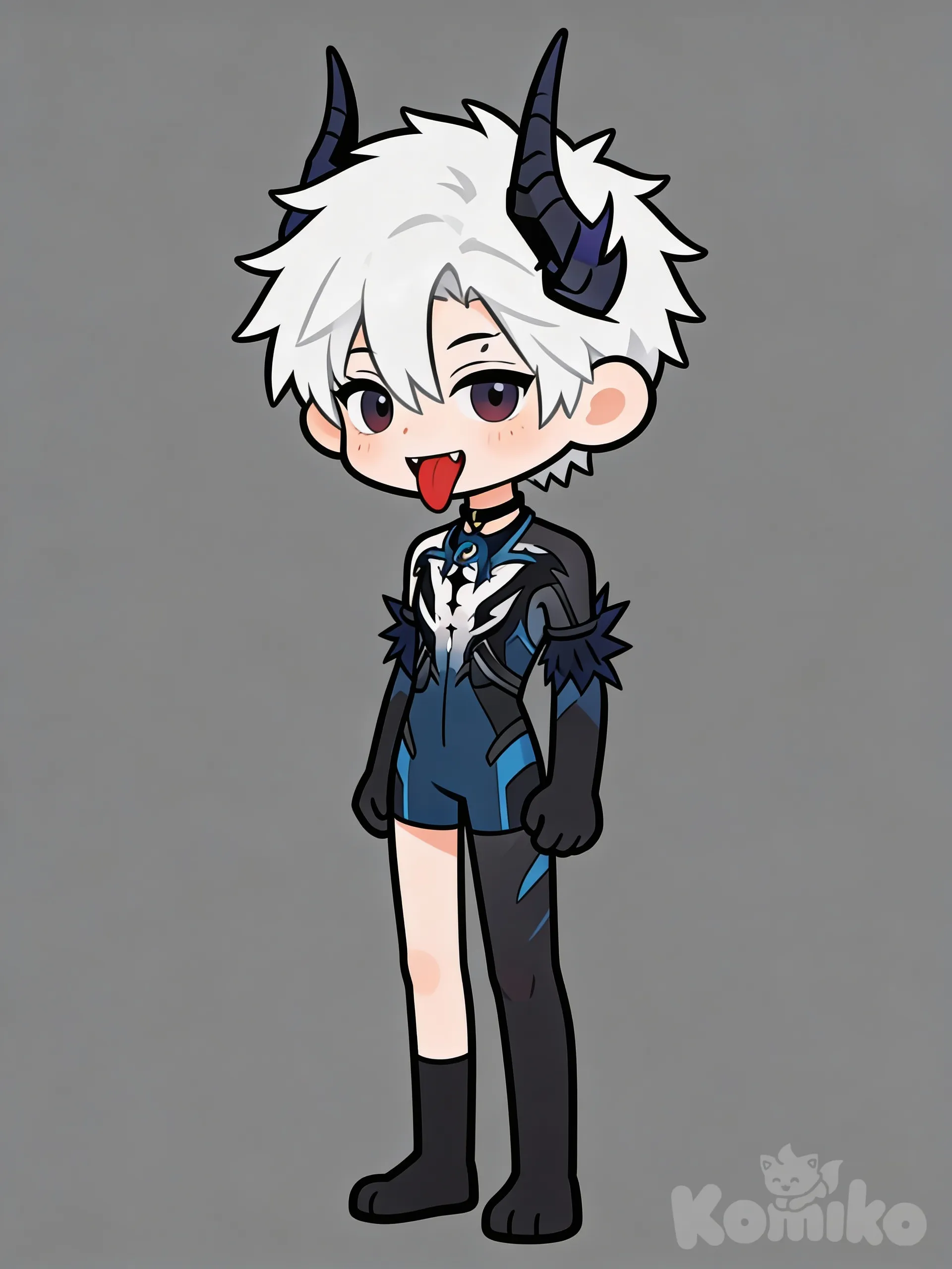 can you make him cartoon, drawn, cute art, make him tall, can you give him half human, half demon skin, make him cute, make him a cartoon drawn character, make him 16 in age, but childlike expression, he has a red demon tongue, make him cute, but