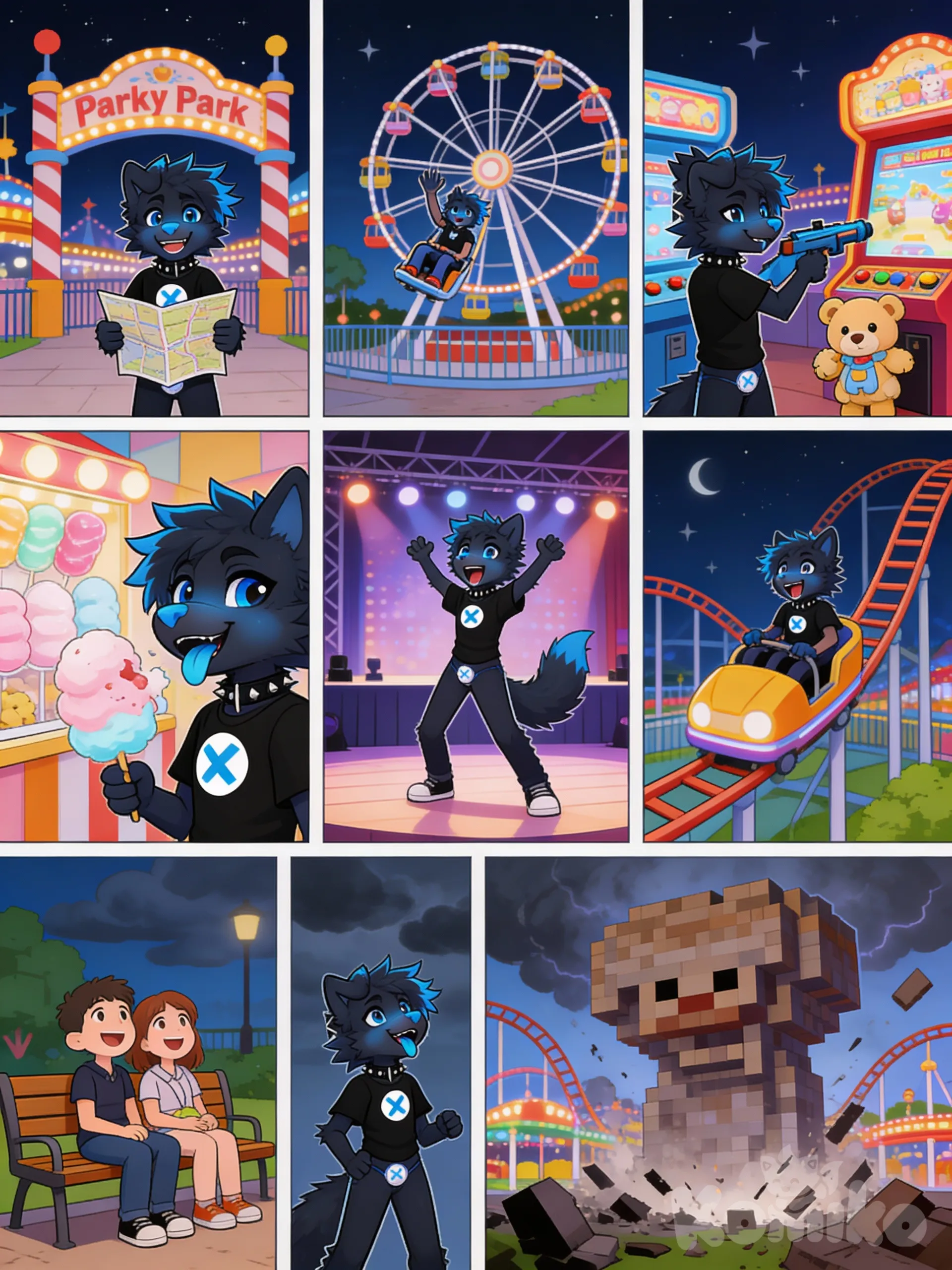 can you make him in a 10-panel comic strip where he is at amusement park at night, as he has fun and plays games and has a blast. near the end of the comic the Wither Storm attacks the Amusement park, from the game Minecraft Story Mode from Telltall Games. Make it cartoon, drawn, while keeping his art style