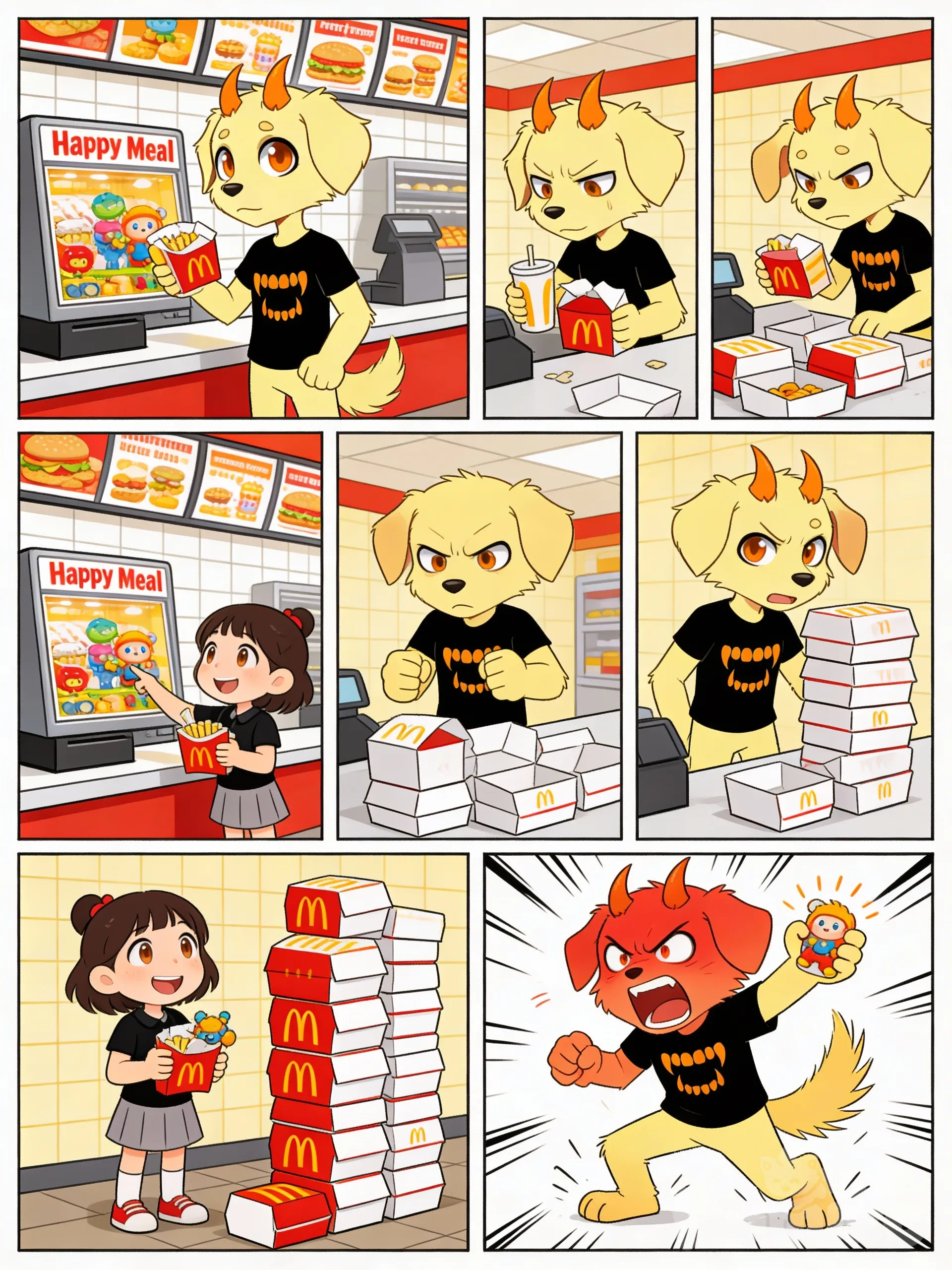 can you make this character in a cute Cartoon 10-panel comic, where he is trying to get the ultimate Happy meal toy, but keeps failing, as he gets frustrated, then a little girl gets it, he sees as 20 happy meals are by him, he gets mad, cartoon. drawn, make him tall, cartoon, comic, shading, high detail, drawn cartoon