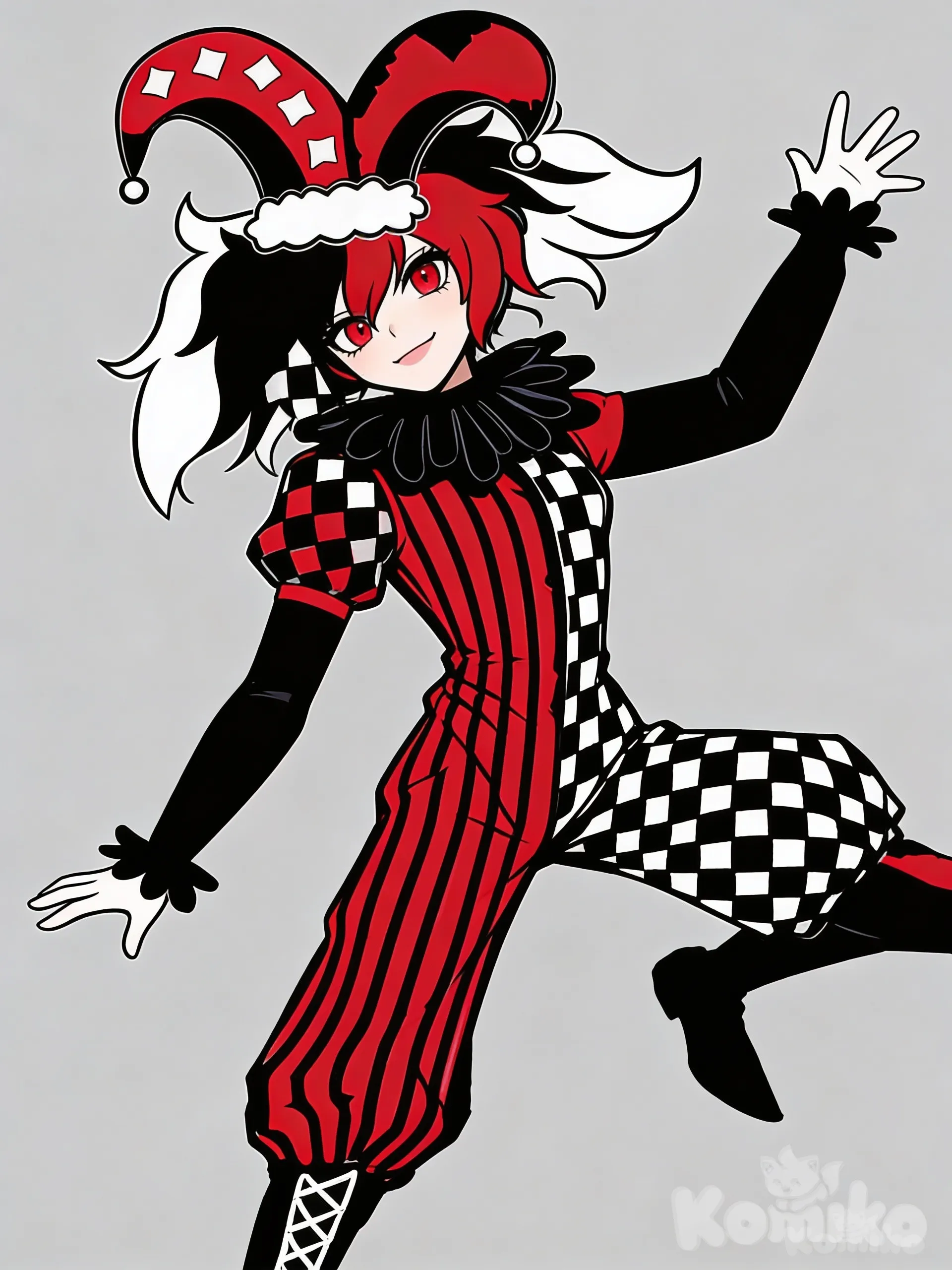 can you make him stand, cuter, drawn, red human eyes, dynamic standing pose, drawn cartoon, cute character, cute tall drawn character, he is 18