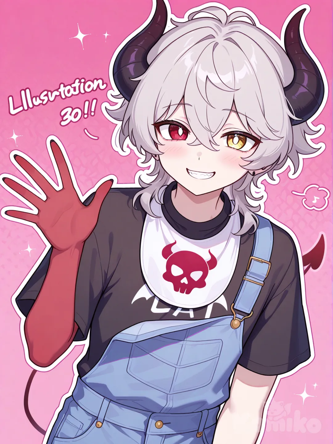 1boy, waving, t-shirt, overalls, jeans, charcoal shaggy hair, pale red skin, yellow and red eyes, two black horns, black t-shirt with a white and red skull logo over Overalls, make him cute drawn, crazy