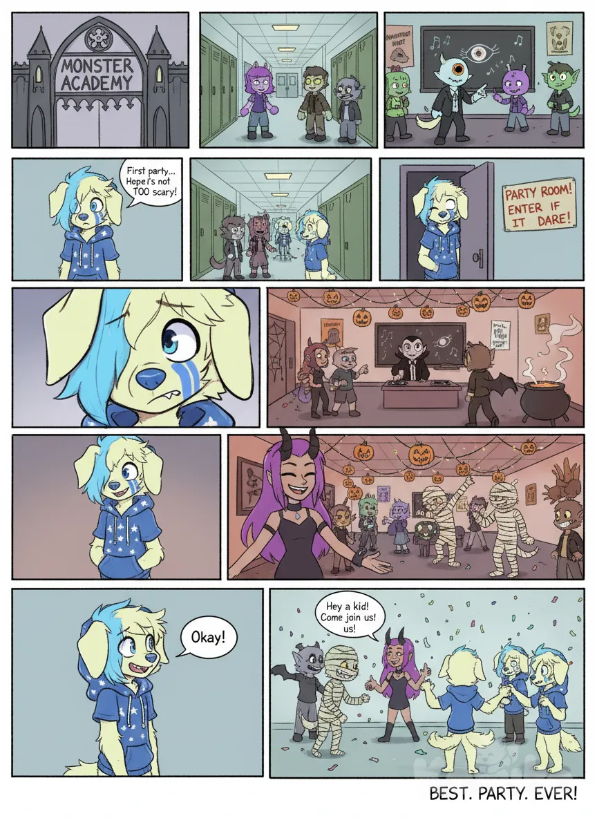 keep his art style and appearance, make him in a drawn 10 panel comic where he is going to a party, it is in the setting of a monster themed school, the school hosts, monsters that look almost human, some with horns, and other are animal species, he is heading to his first part. make it cartoon, drawn, cartoon cartoon