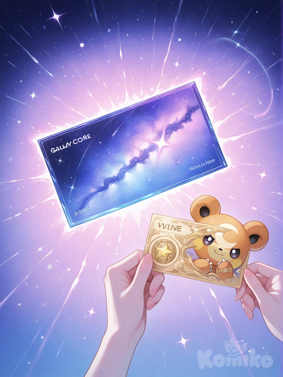 Teddiursa, presenting a galaxy lottery ticket like a prize, divine glow, cosmic backdrop, dreamlike style,pks, pokemon,dream galaxy (theme), surreal, dreamcore, purple lineart, galaxy elements, style, aesthetic, soft colors, pastel colors, colored lineart, ((blue tones: 1.2)), ((purple tones: 1.2)), glitter effect, fantasy style ,dreamy mood, pastel pale colors, muted colors, pastel aesthetic, soft color, oil painting, kawaii