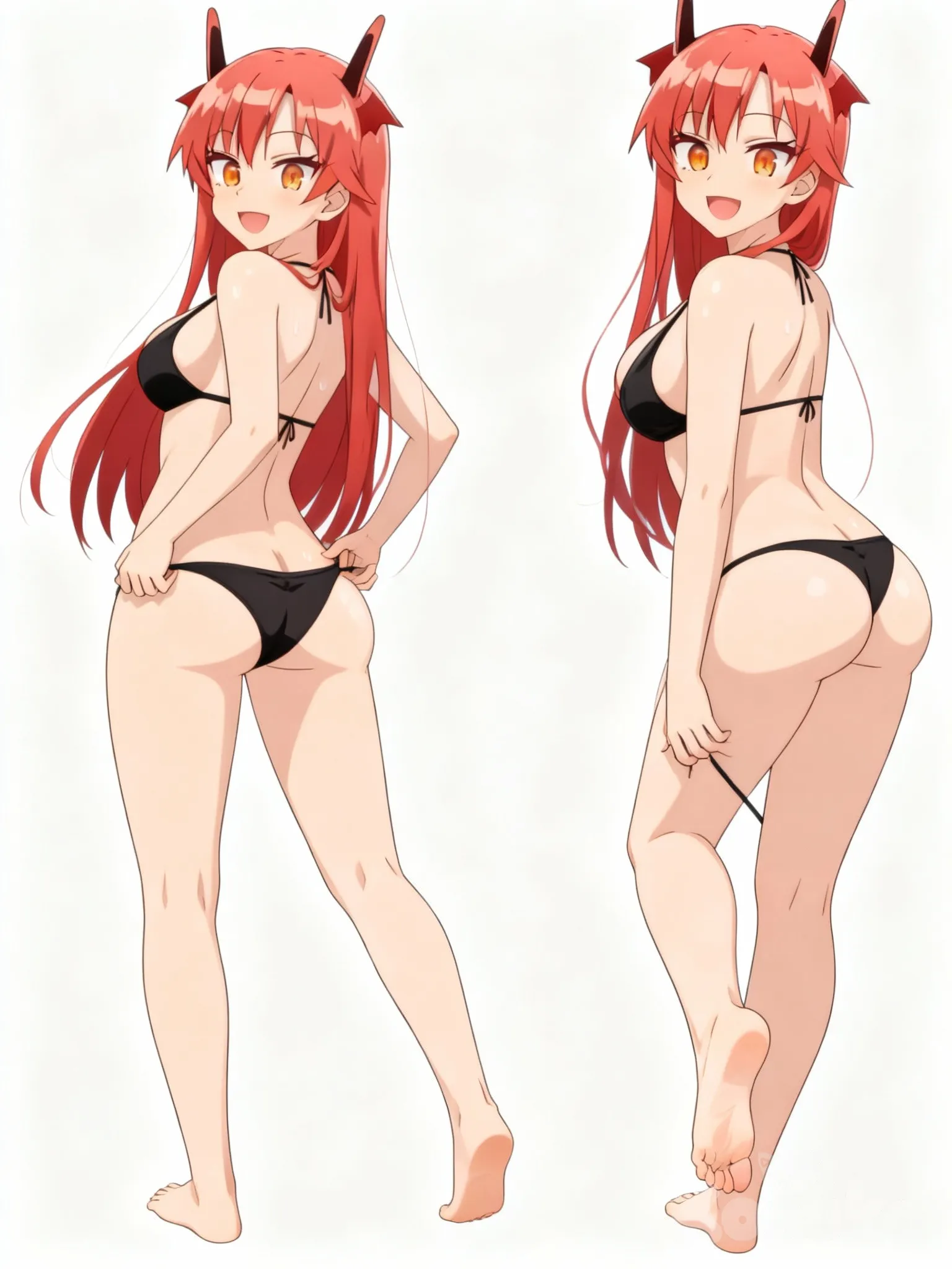 Agrégale a esta personaje unas tetas enormes y un buen trasero grande nalgona y tetona marcado no tan exagerado y estirándose de diferentes angulos sensualmente, dame una imagen cuerpo completo piernas largas sin fondo posando de espaldas agarrándose el trasero ajustándose el bikini sensualmente o de espaldas en un angulo que esté agarrando las puntas de sus pies que esté feliz