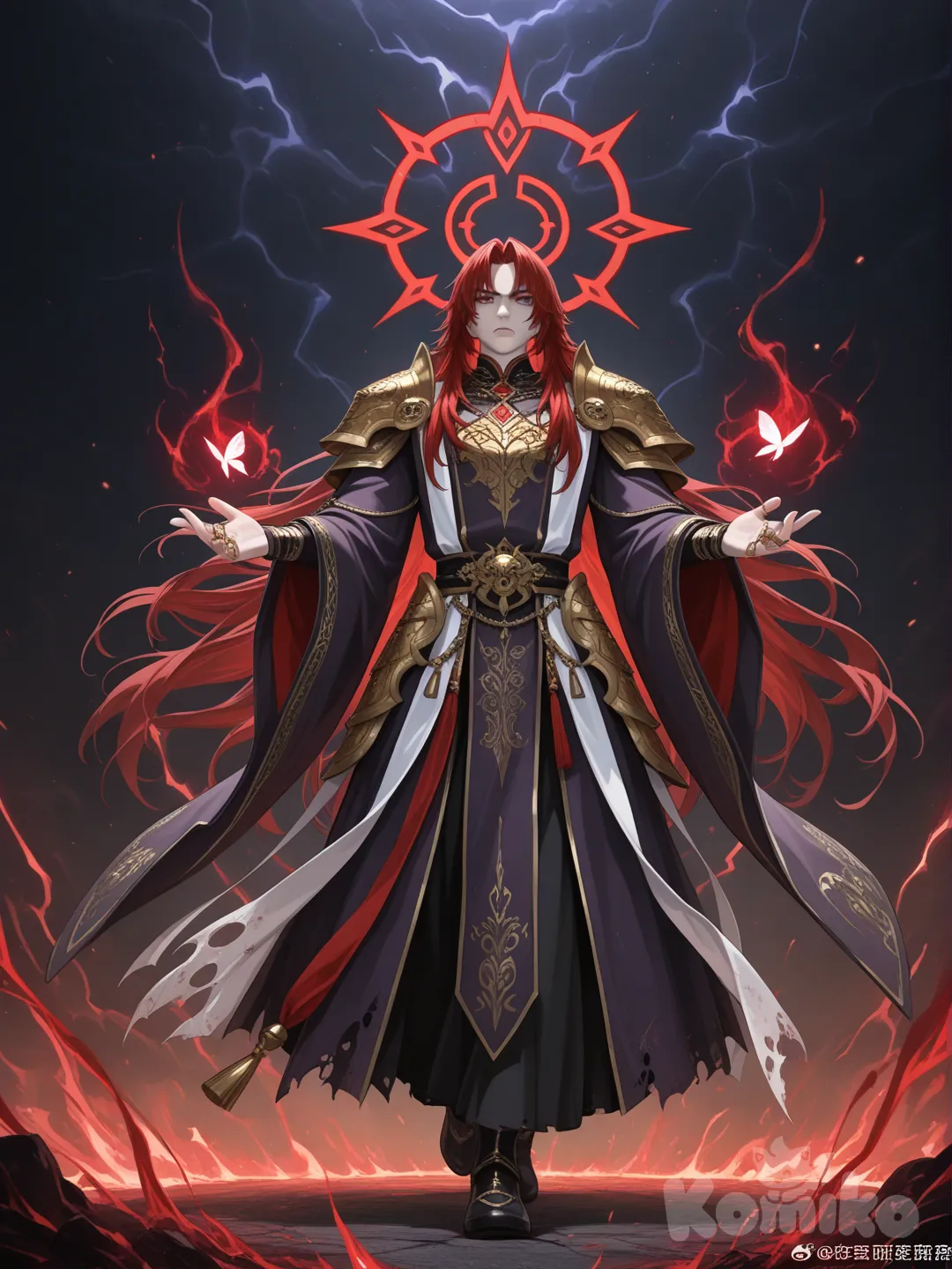 Hiperrealista,3d,épico
El personaje central de esta ilustración es Wang Lin, protagonista de la obra Renegade Immortal (仙逆), una poderosa figura de la fantasía china representada en una pose dominante y vertical que irradia inmenso poder. Su rasgo más llamativo es su cabello rojo intenso, extremadamente largo y salvaje, que fluye dramáticamente por su espalda, contrastando con su rostro juvenil, serio y de rasgos aristocráticos y su piel pálida. Viste un impresionante atuendo que combina una armadura ceremonial dorada altamente detallada, con grandes hombreras que recuerdan a cabezas de dragón o bestias míticas, sobre túnicas fluidas y complejas en capas de color blanco, rojo carmesí y gris/púrpura oscuro, cuyo aspecto desgarrado acentúa su naturaleza de guerrero. En su mano izquierda extendida, invoca una mariposa etérea que brilla intensamente con energía azul eléctrico, y detrás de su cabeza se manifiesta un halo o círculo cósmico multicolor de anillos dorados, simbolizando su dominio del cultivo inmortal, mientras el fondo se llena de neblina y destellos mágicos que refuerzan su aura divina y épica 
Pose caminando poder irreal