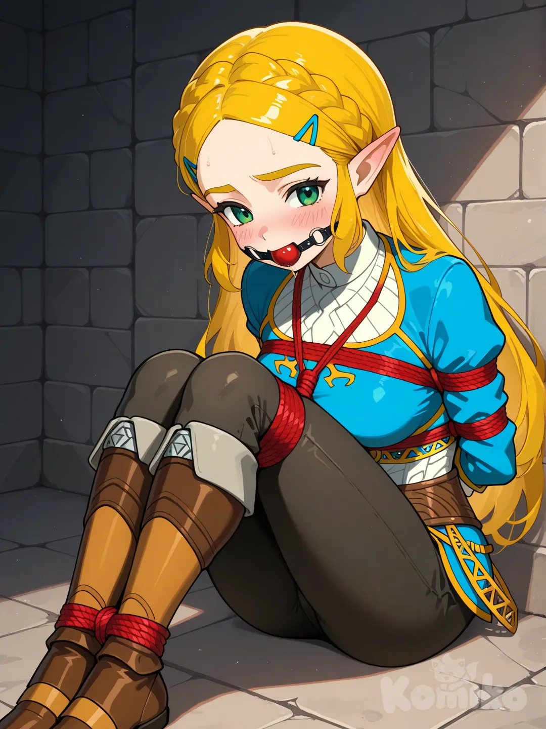 @Princess_Zelda, 1girl, blush, breast bondage, bondage, ball gag, sitting on the ground