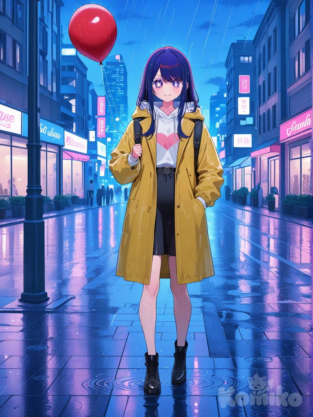 Hoshino Ai (Oshi No Ko), yellow coat, playing with a red balloon, in the rain, in a city